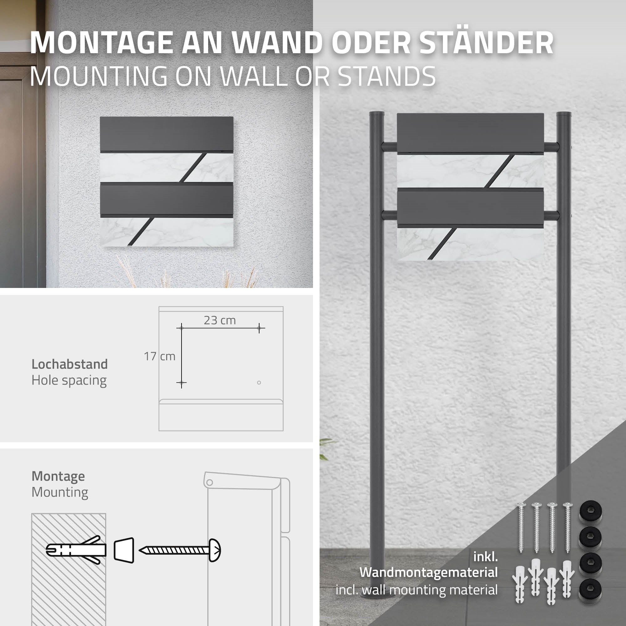 Montagehandleiding voor een brievenbus aan de muur of op een standaard.
