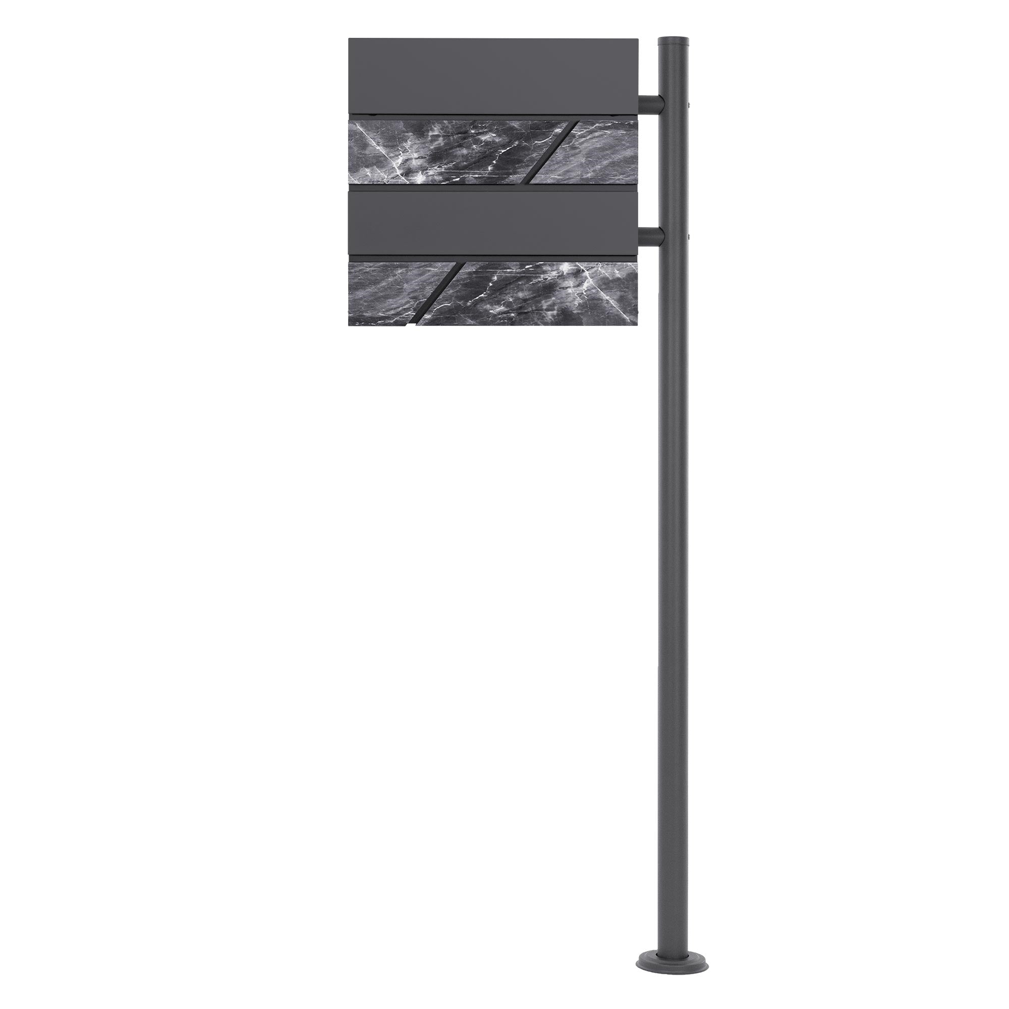 Een grijze standaard met twee horizontale panelen die een gemarmerd patroon tonen.