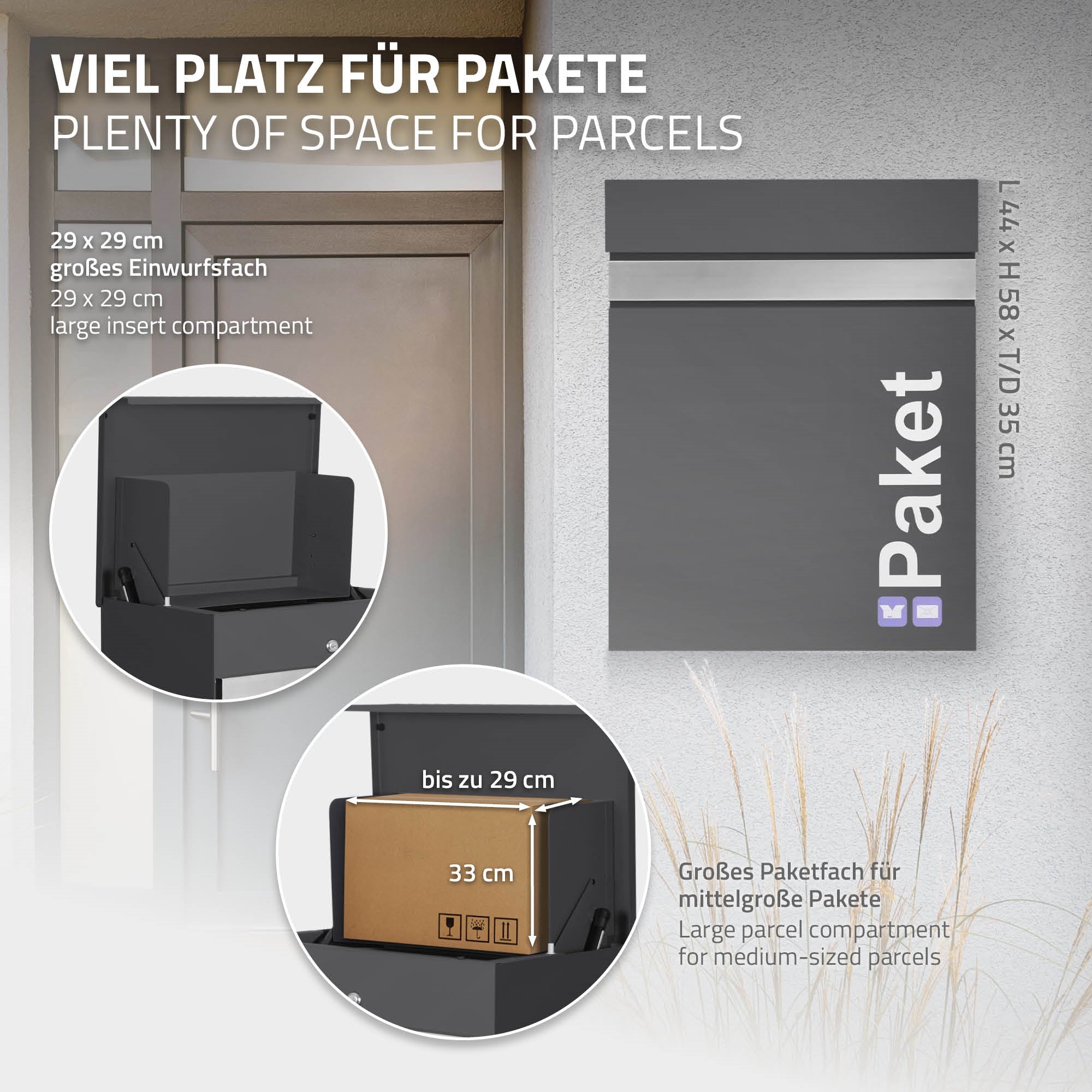 Grafik mit einem Paketkasten und den Maßen für das Einwurfsfach.