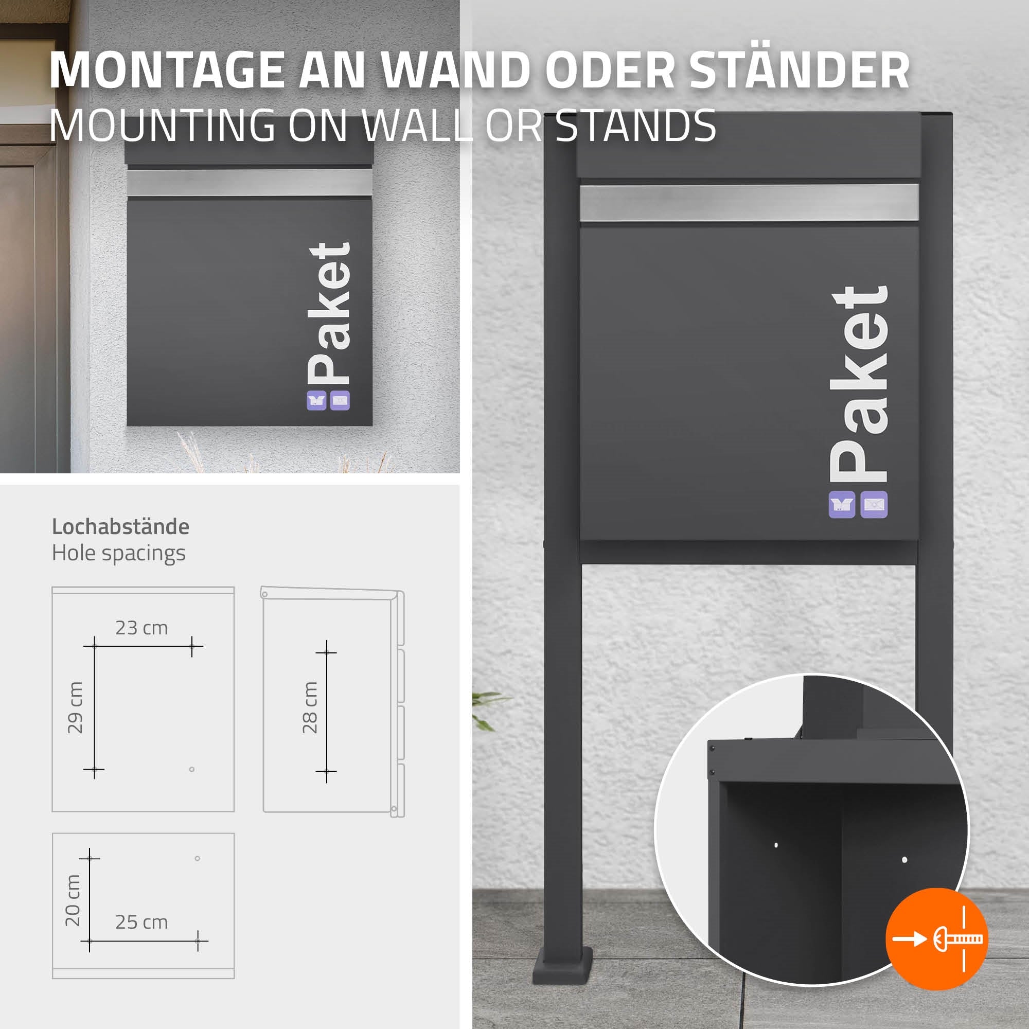 Montageanleitung für Paketbriefkasten an Wand oder Ständer, mit Maßzeichnungen.