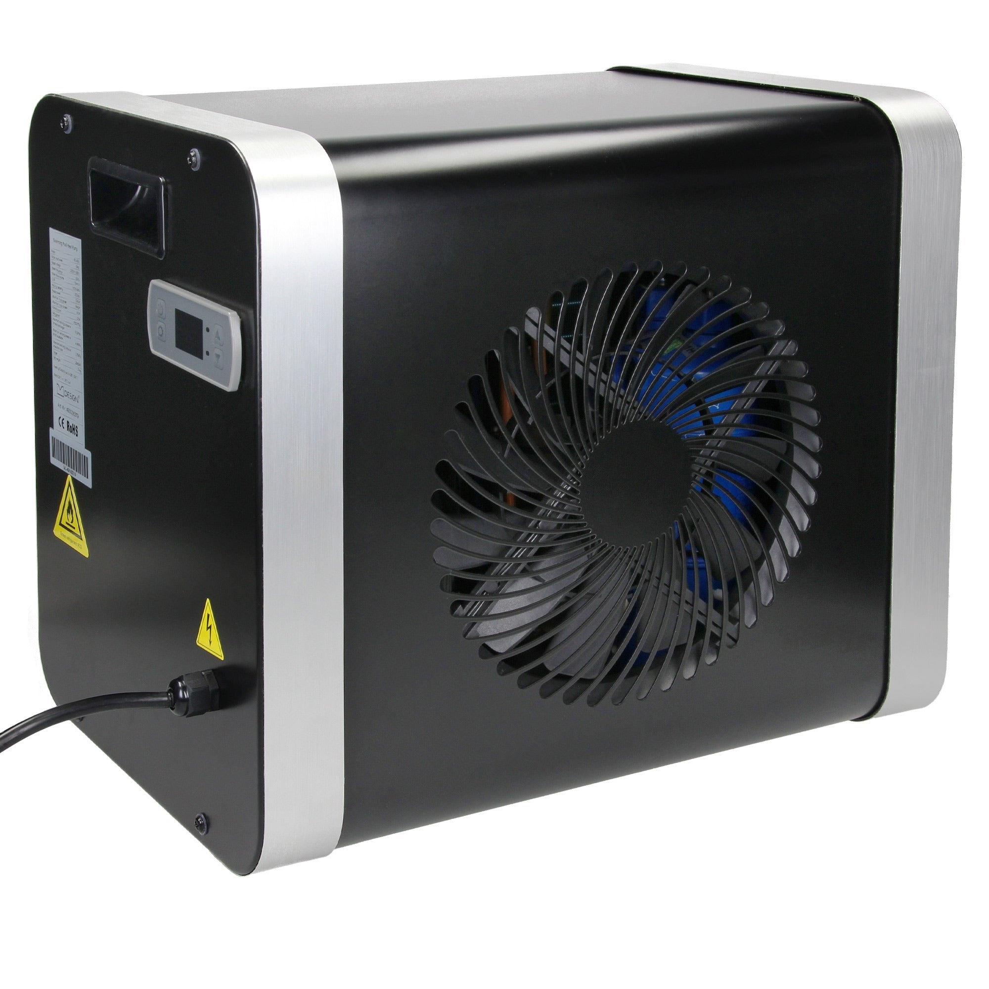 Sort ventilator med sølvfarvede accenter, sidevisning.