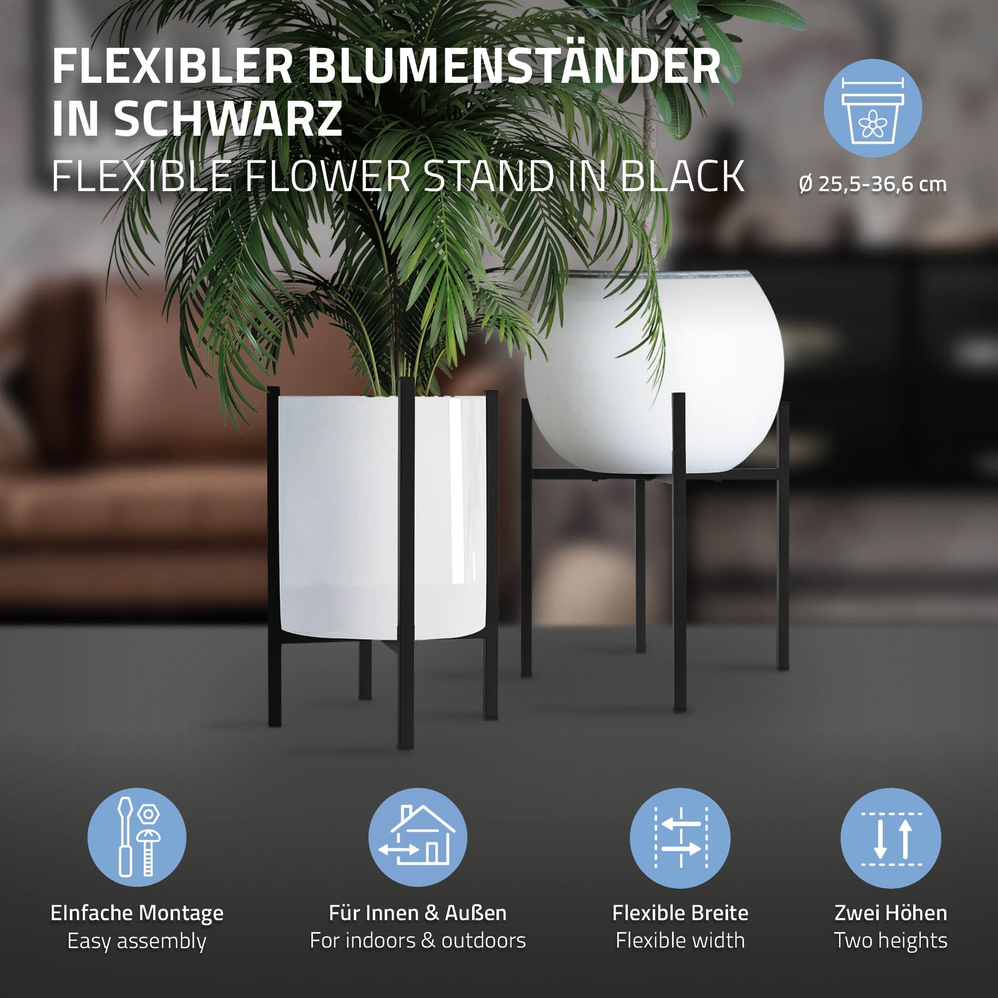 Zwei Blumenständer in Schwarz, einer mit weißem Topf, einer mit grünem Topf.