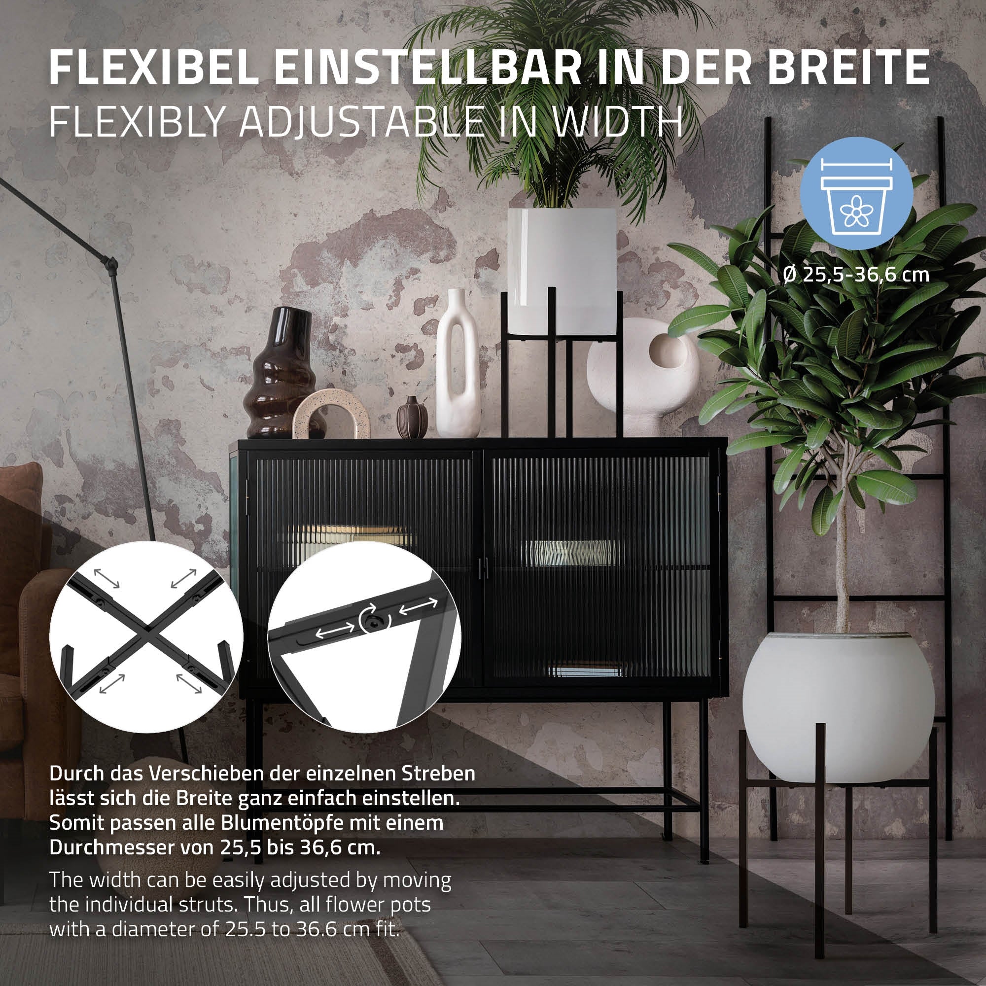 Ein Möbelstück mit verstellbarer Breite für Blumentöpfe.