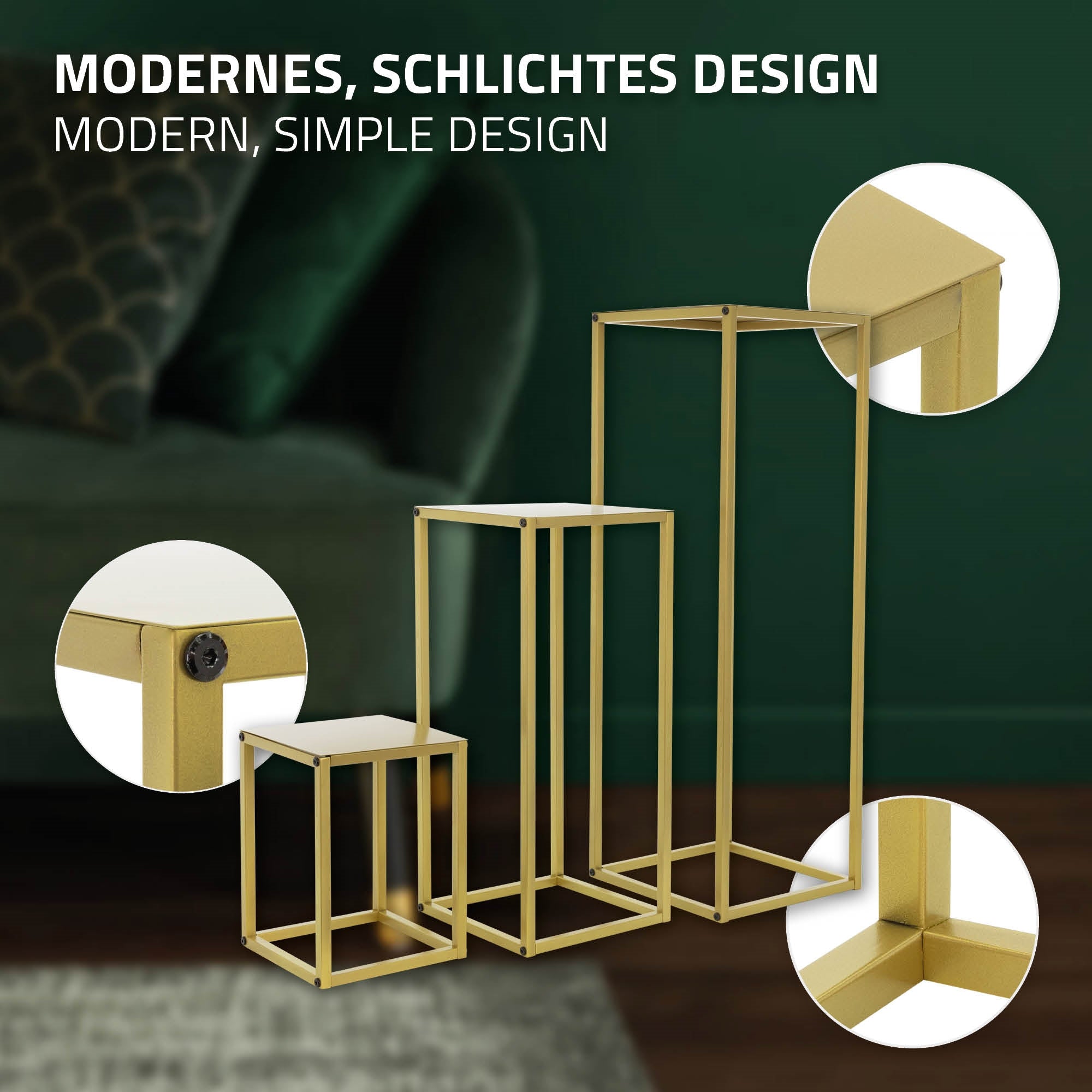 Tři zlaté stoly v moderním designu, různě vysoké.