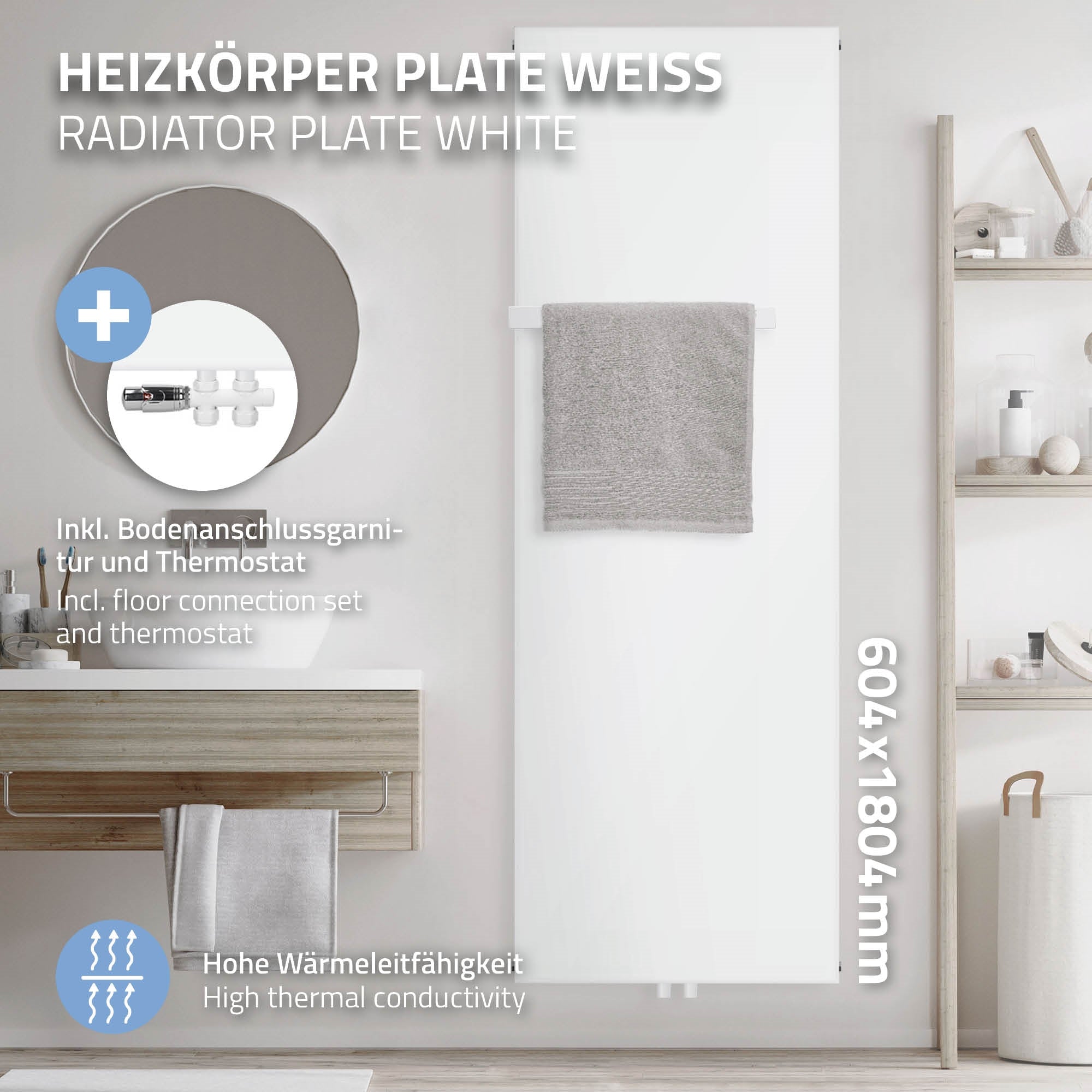 Radiador blanco con soporte para toallas y accesorios en un baño.