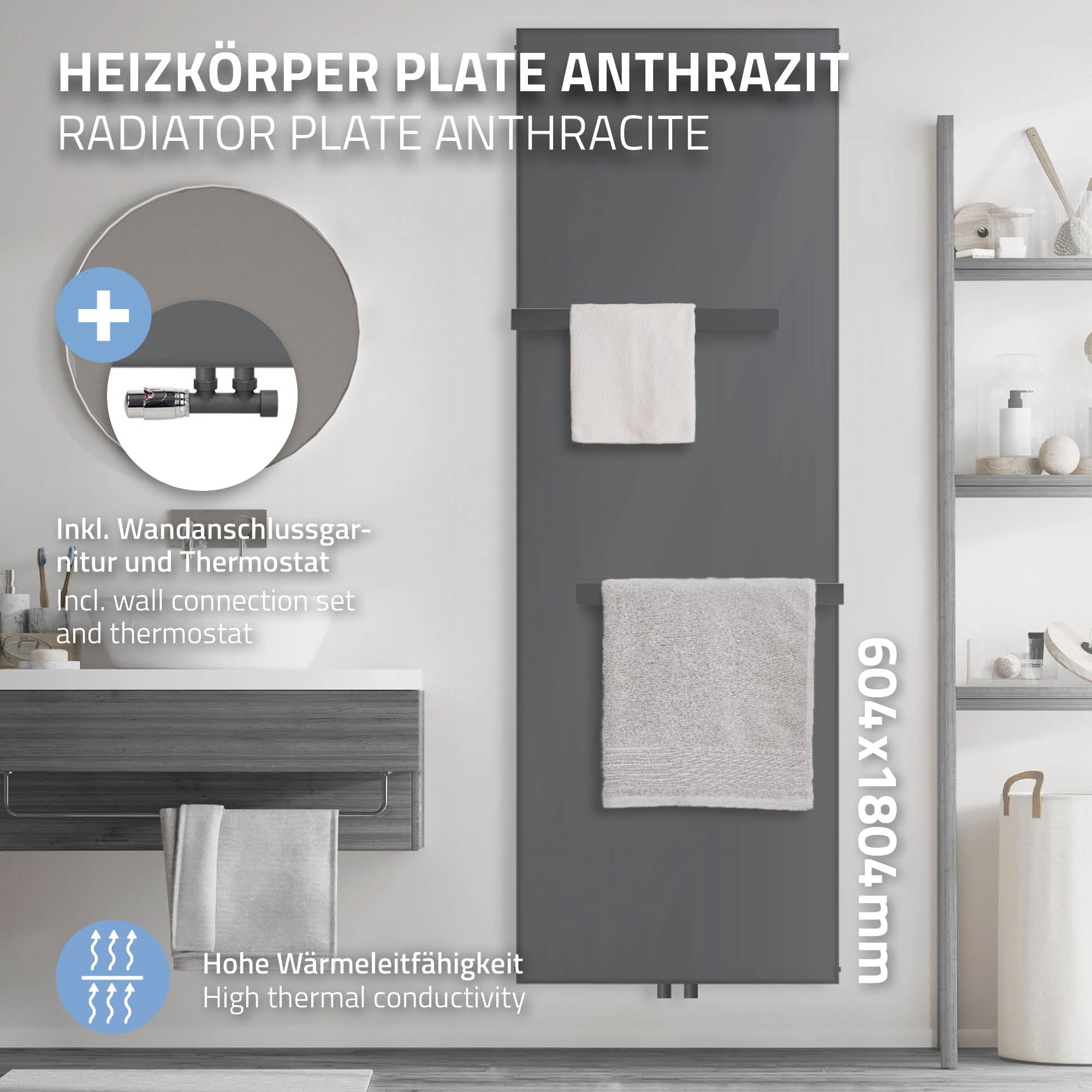 Anthracit színű fűtőtest törölközőtartóval és termosztáttal.