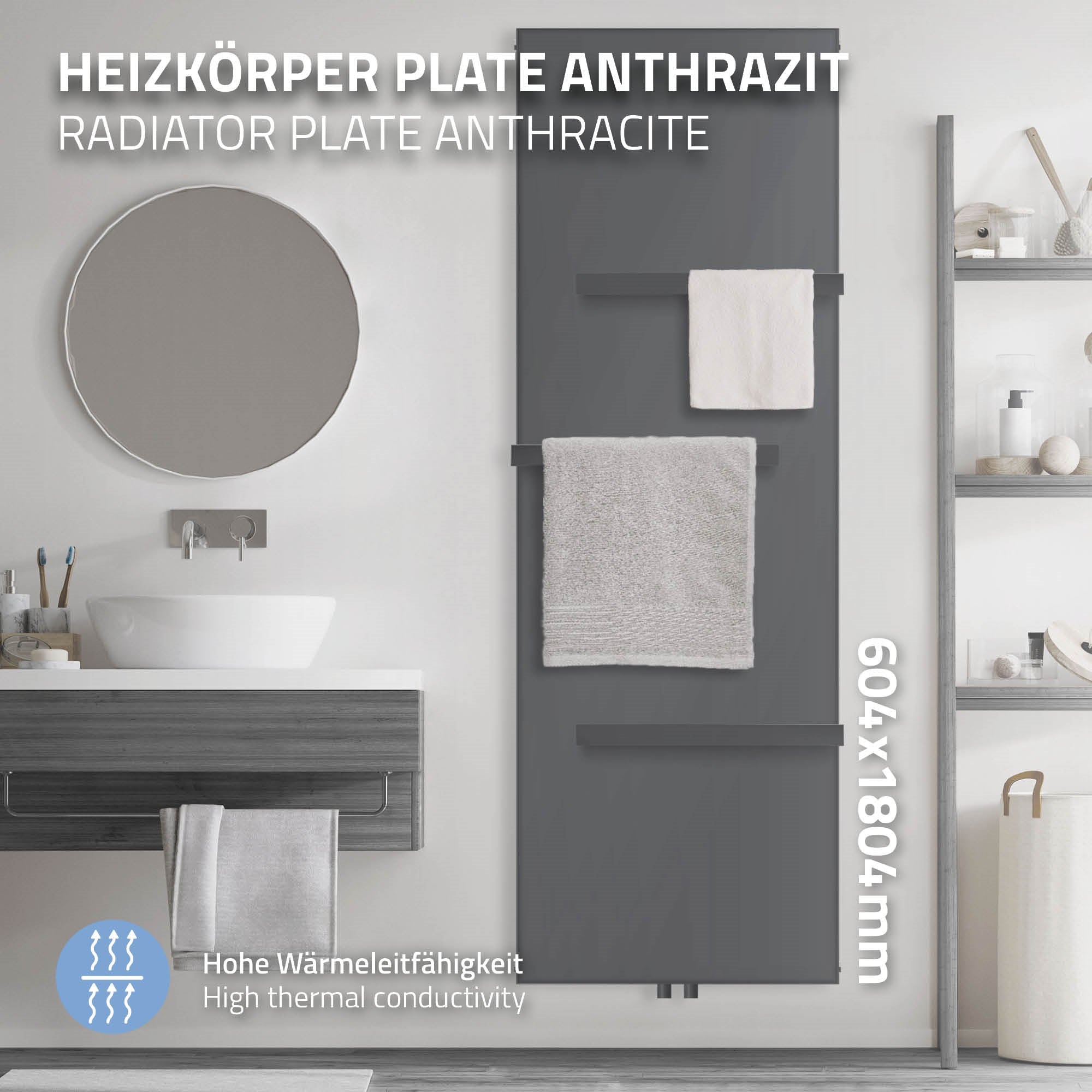 Anthrazitfarbener Heizkörper mit zwei Handtüchern, Badezimmerumgebung.