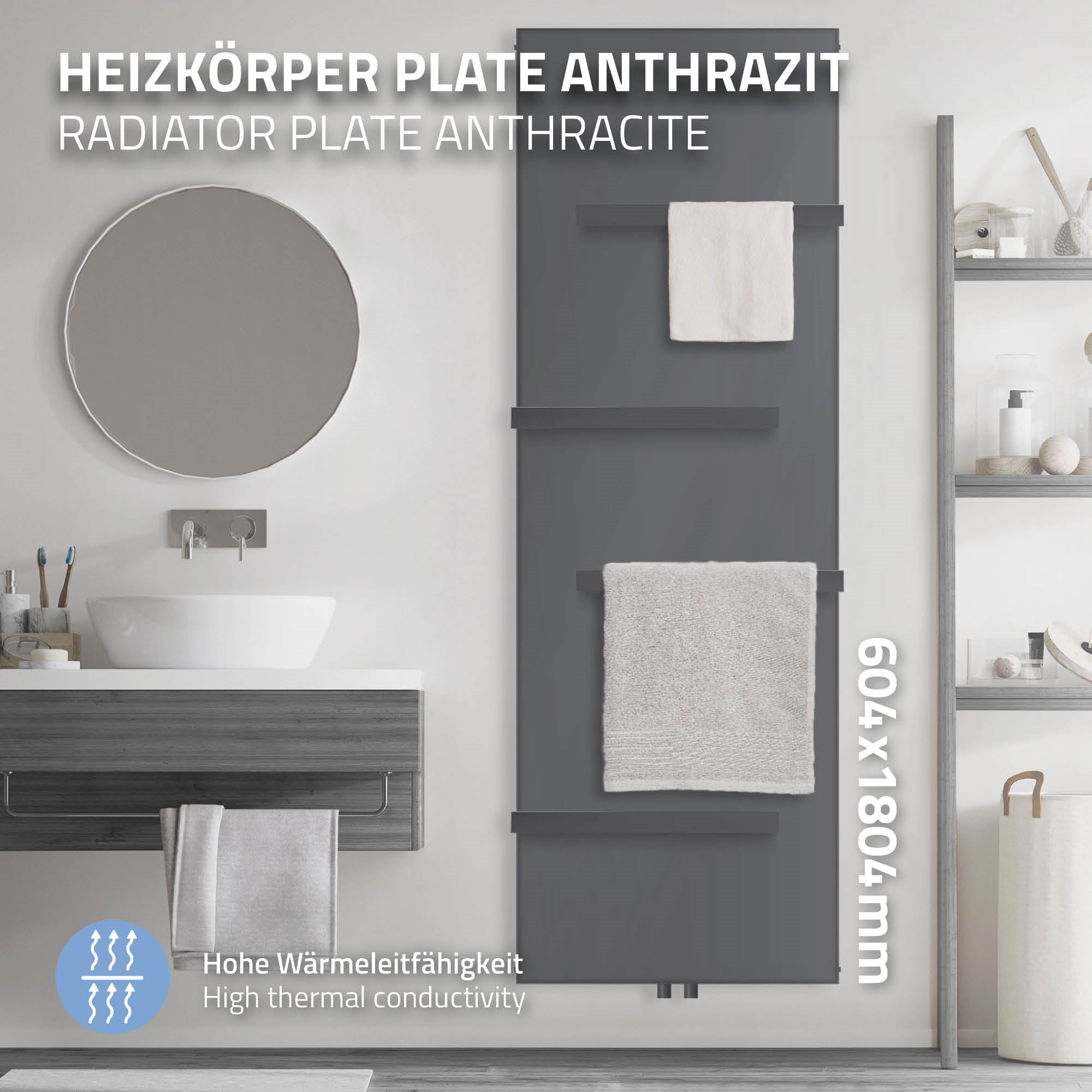 Radiateur anthracite avec serviettes, raccord mural et thermostat.