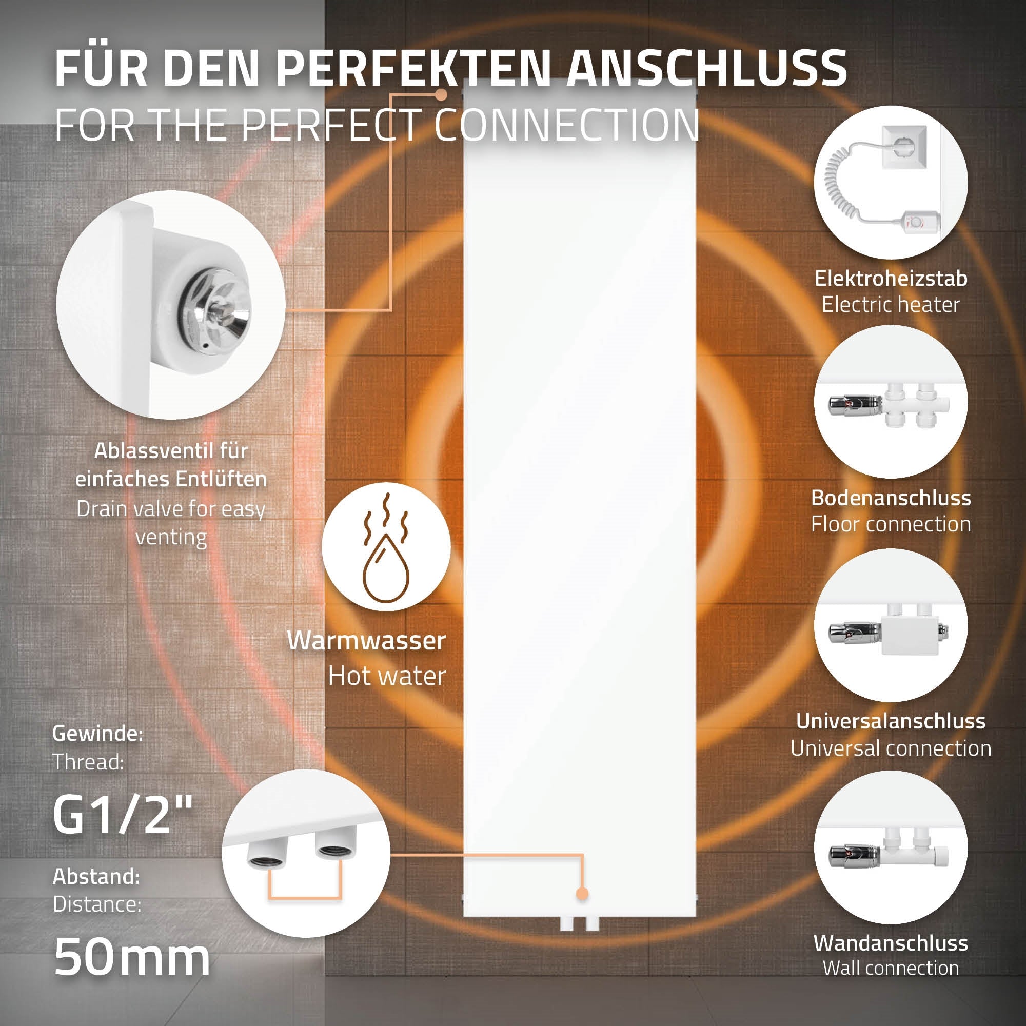 Weißer Heizkörper mit Anschlussdetails, Maße 452x1604 mm.