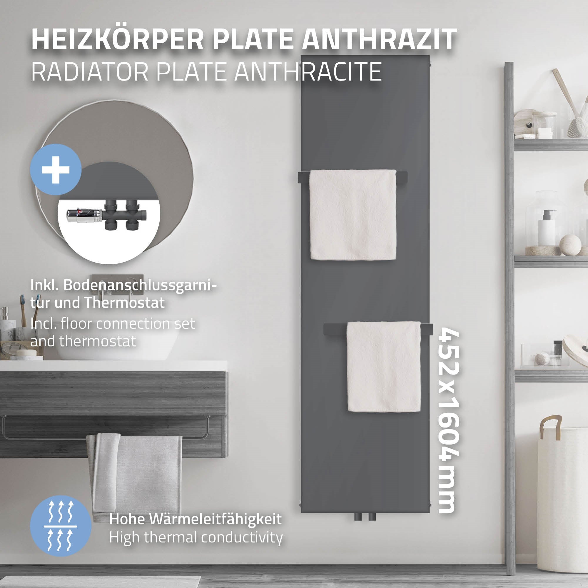 Anthrazitfarbener Heizkörper mit Bodenanschluss und zwei Handtüchern.