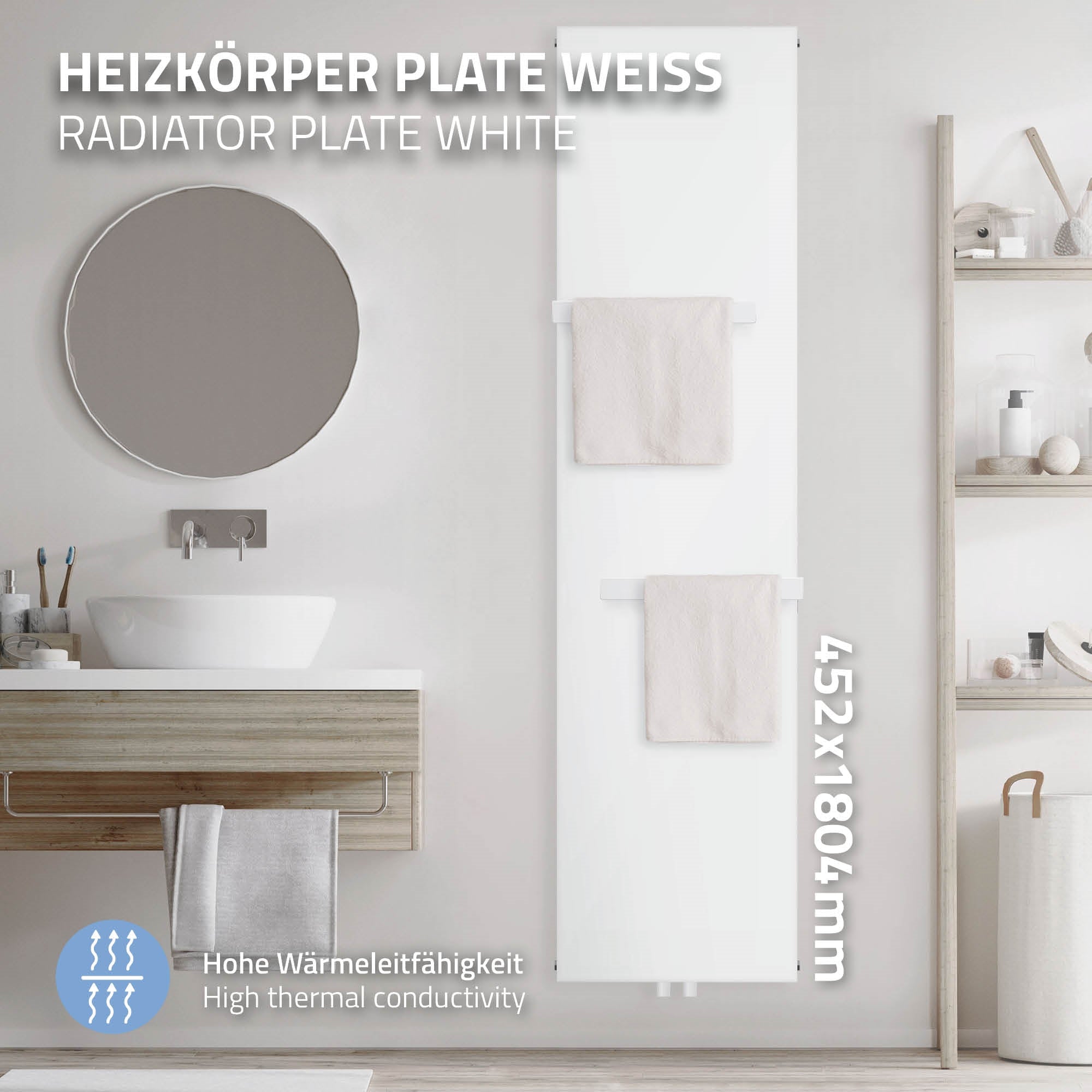 Weißer Heizkörper mit zwei Handtuchhaltern in einem Badezimmer.