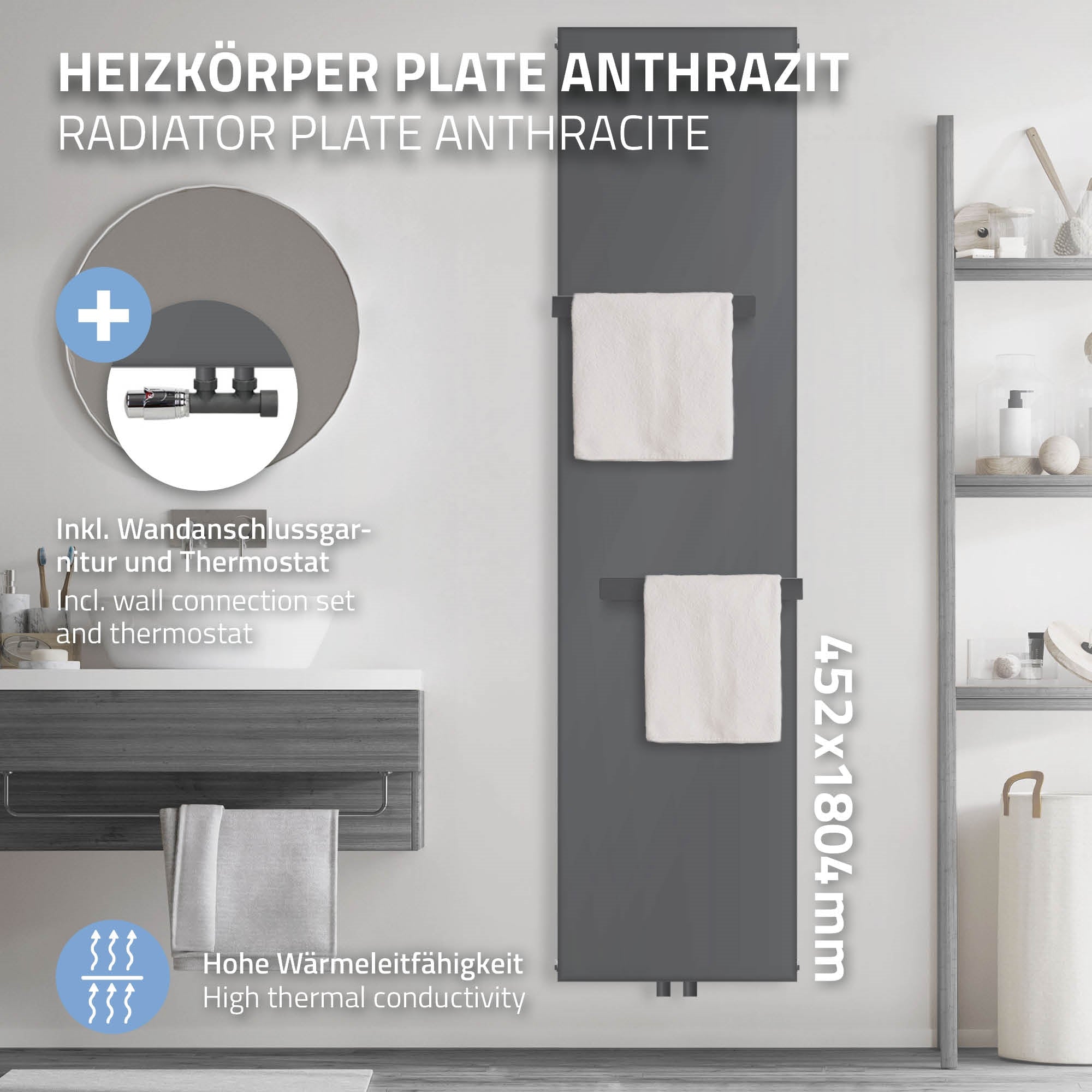 Antrasiittivärinen lämpöpatteri pyyhkeineen ja seinäkiinnityksellä kylpyhuoneessa.