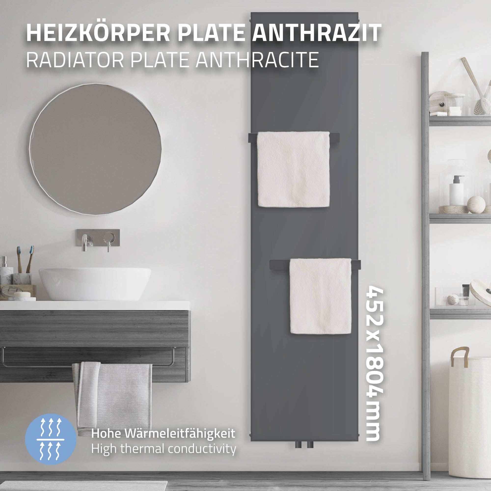 Anthrazitfarbener Heizkörper mit Handtüchern, Spiegel und Badezimmerregal.