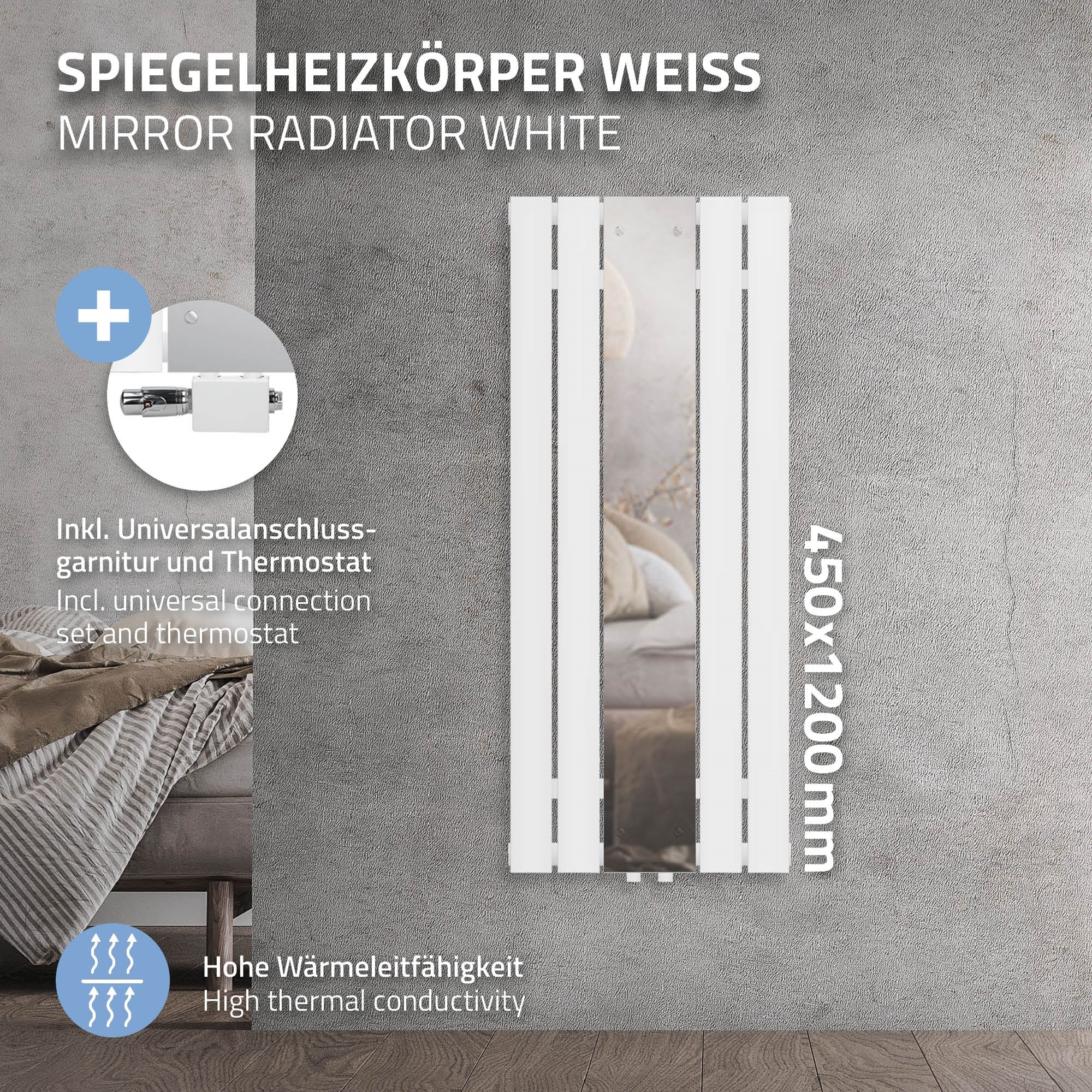 Weißer Spiegelheizkörper mit Informationen zu Anschluss und Thermostat.