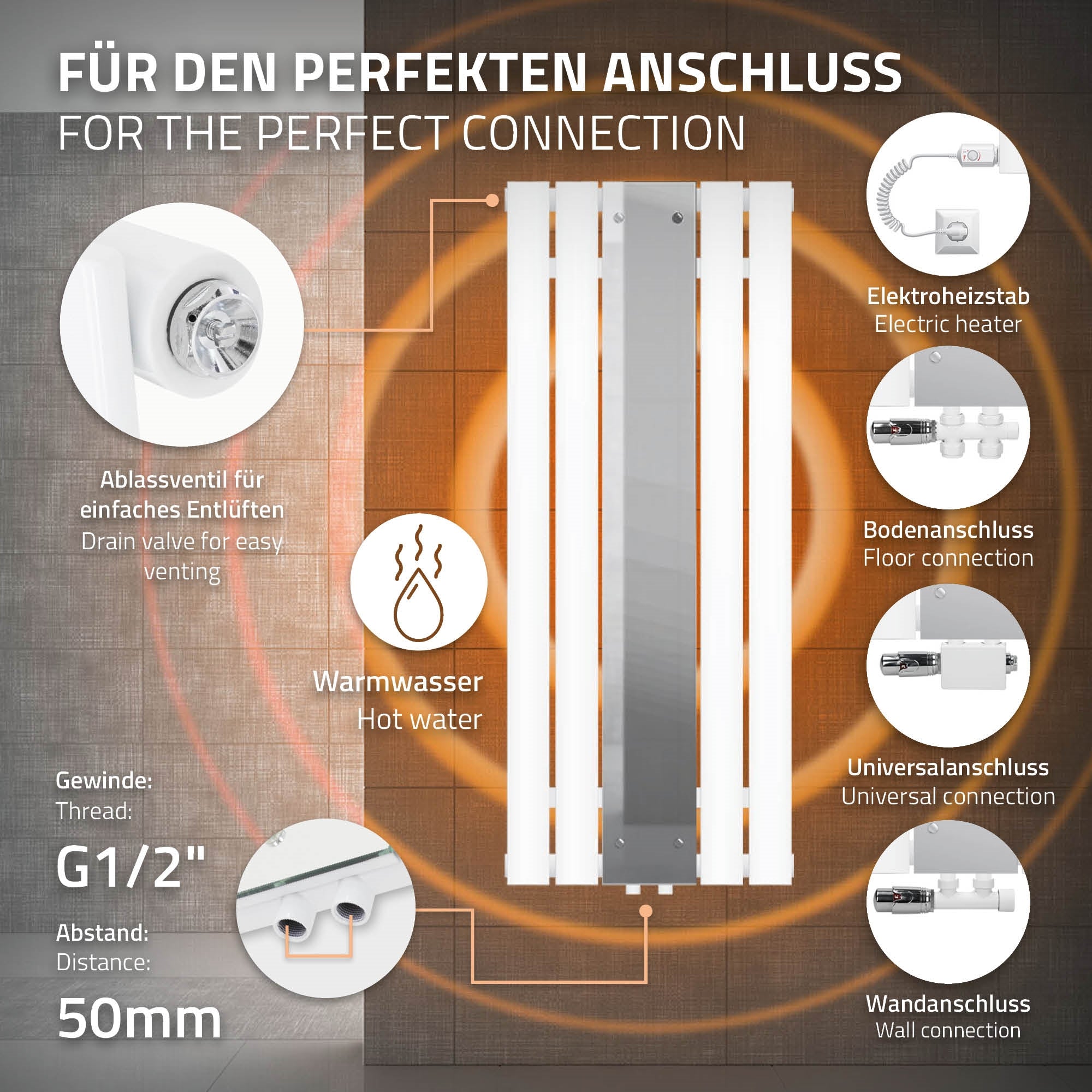 Weißer Heizkörper mit technischen Details, senkrecht montiert.