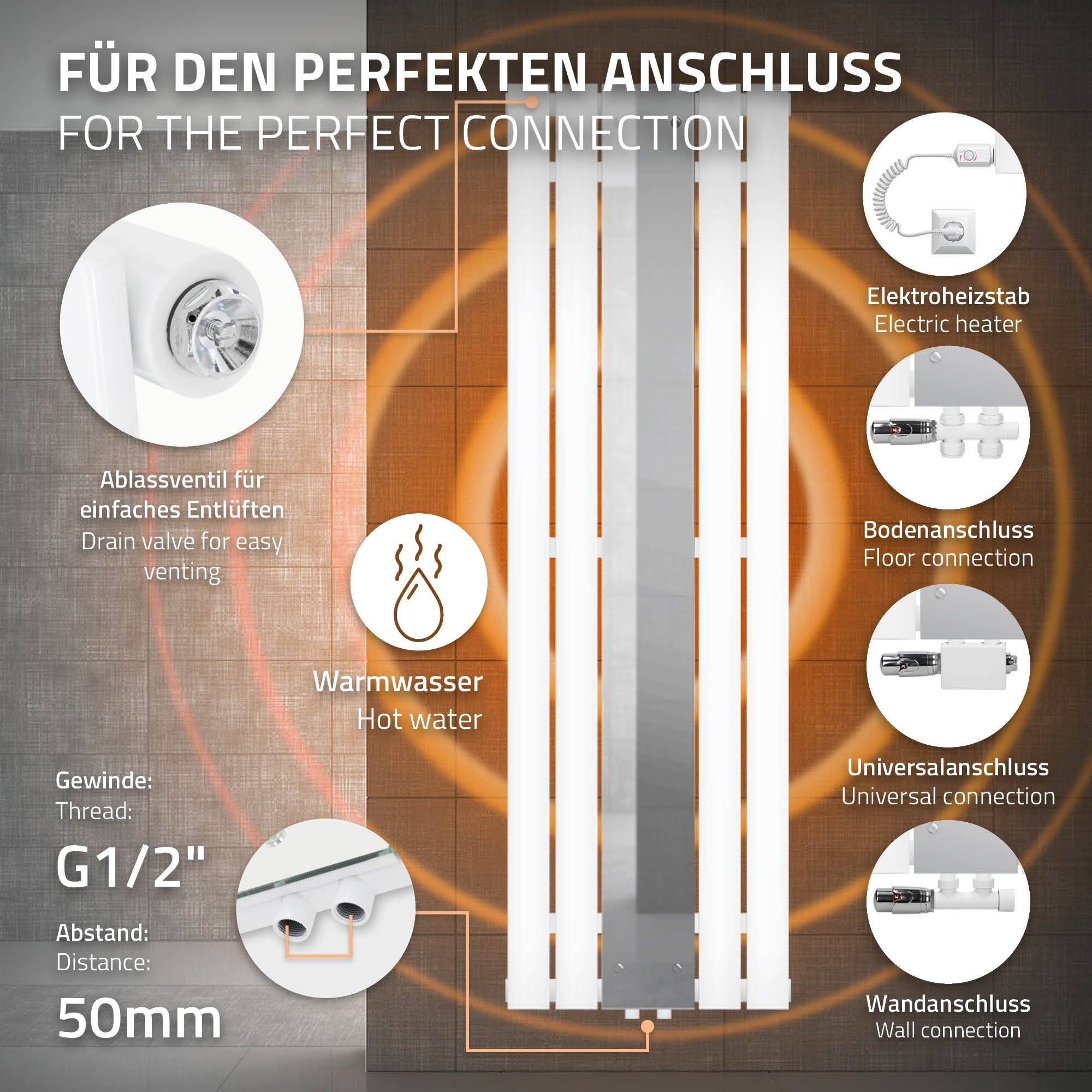 Weißer Spiegelheizkörper mit technischen Informationen.