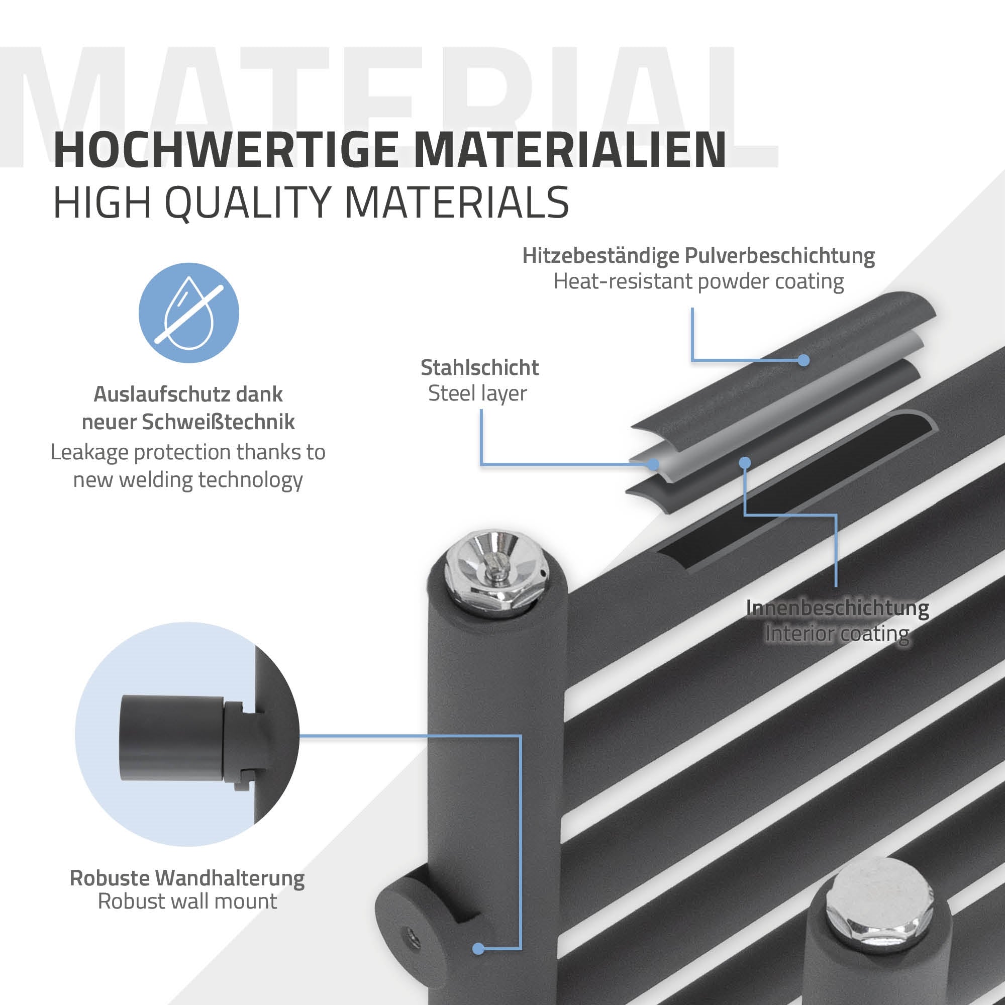 Detailansicht eines Produkts mit Informationen zu Materialien und Eigenschaften.