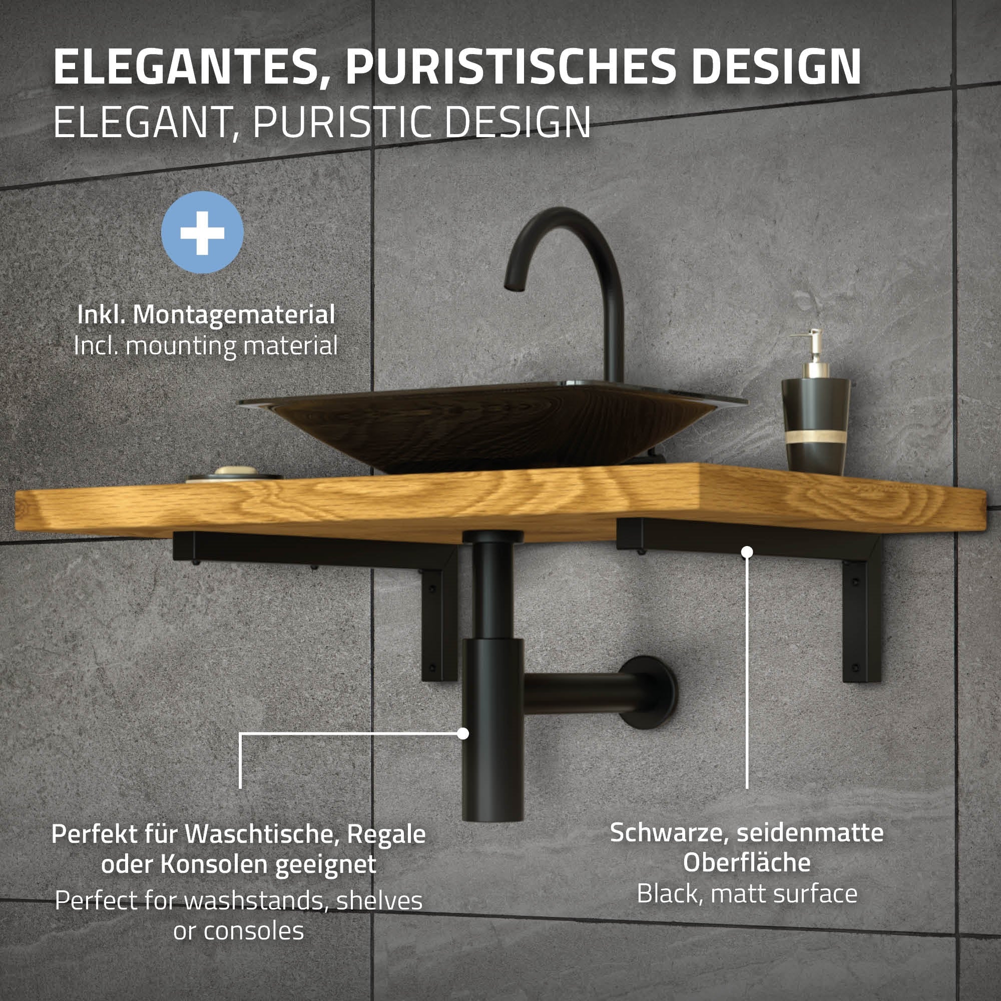 Wandregal mit Waschbecken und Spiegel in einem modernen Badezimmer.