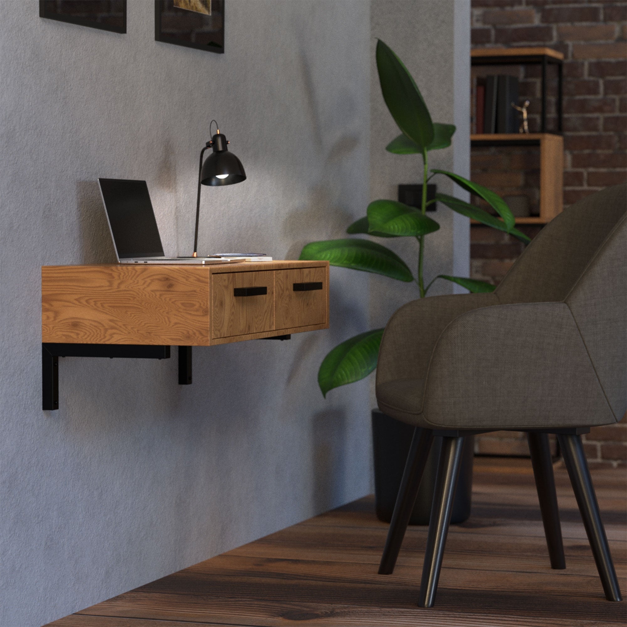 Estante de pared con laptop, lámpara y planta en una habitación.