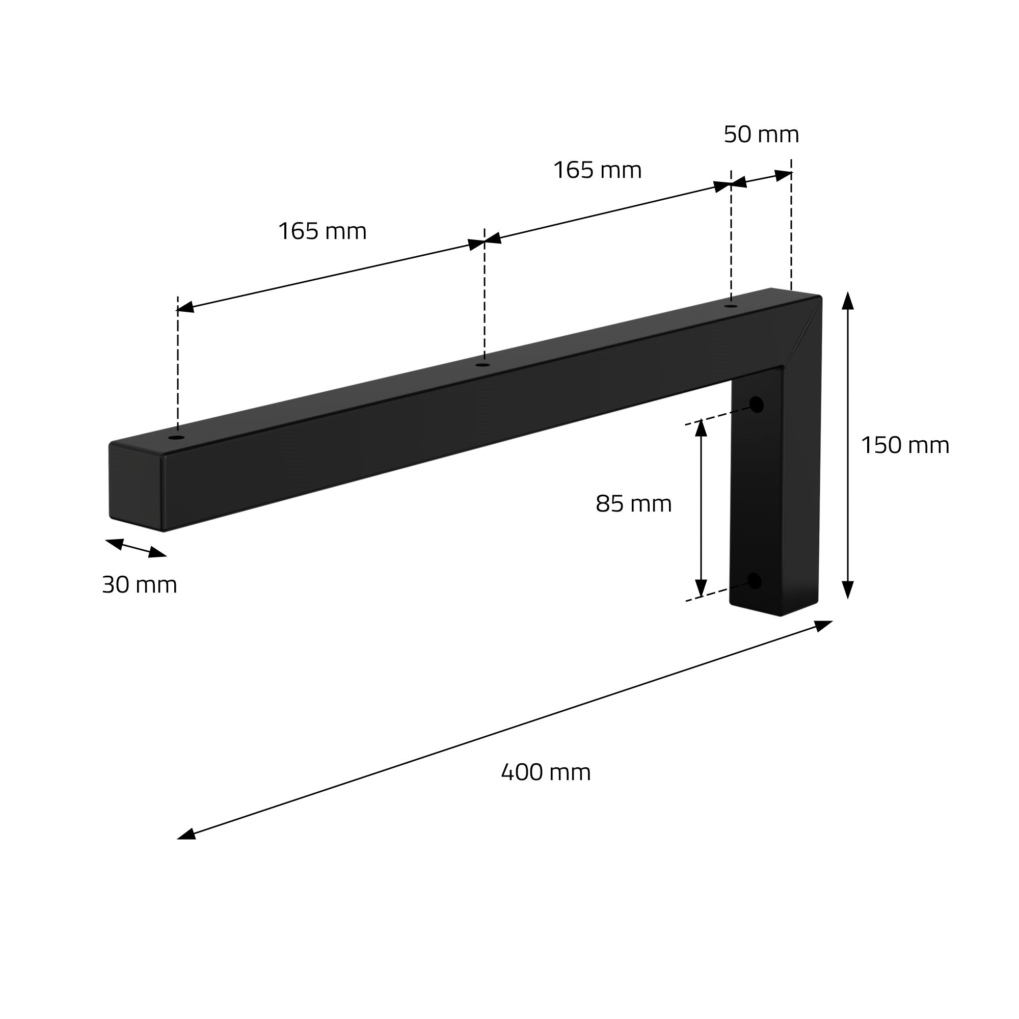 Dibujo técnico de un soporte de estante negro con medidas.