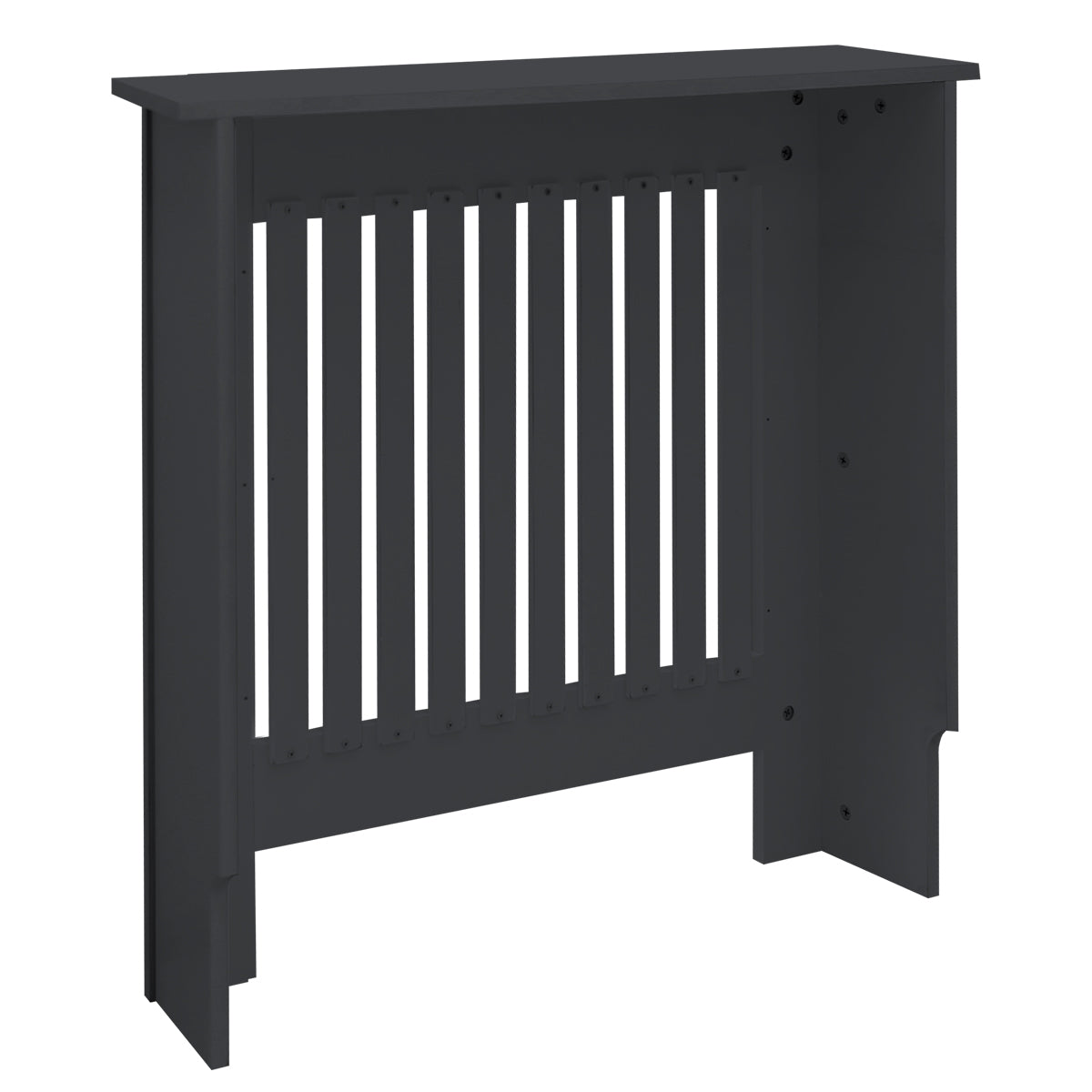 Black radiator cover with vertical slats, side view.