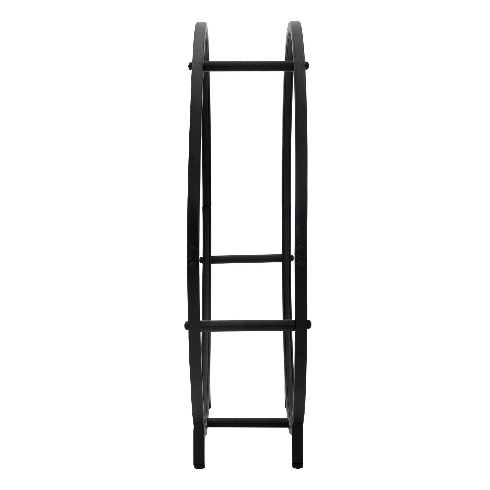 Seitenansicht eines schwarzen Holzlagerständers, rund und minimalistisch.