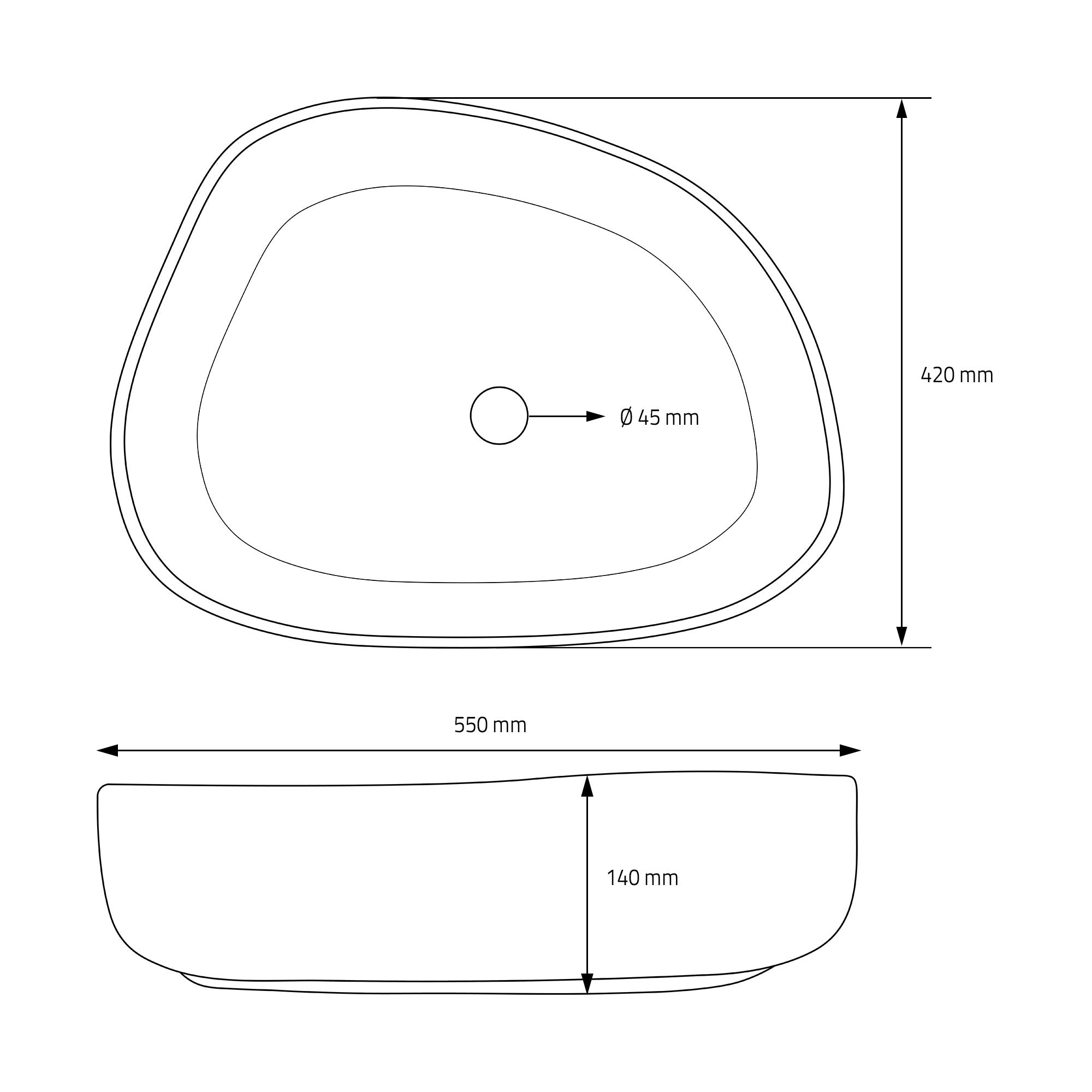 Dessin technique d'un lavabo avec dimensions et trou de drainage.