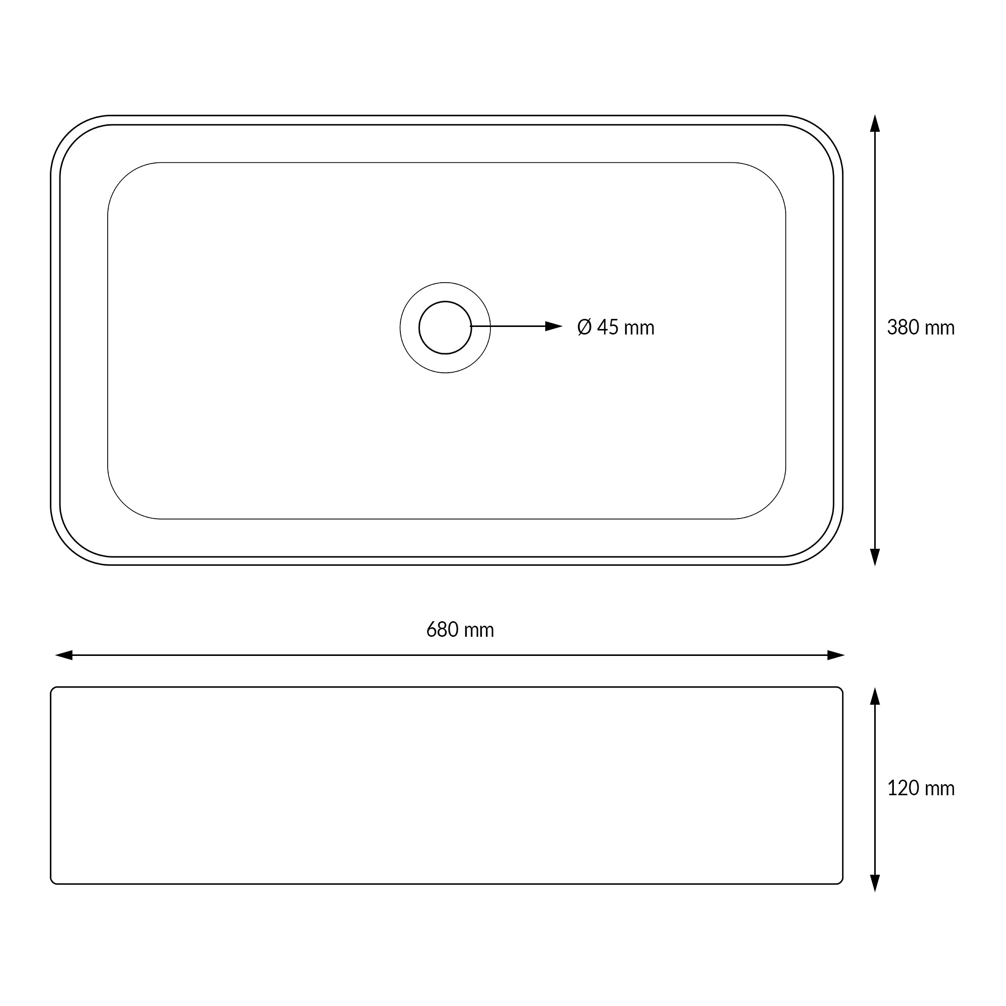 Dessin technique d'un évier rectangulaire avec des dimensions.
