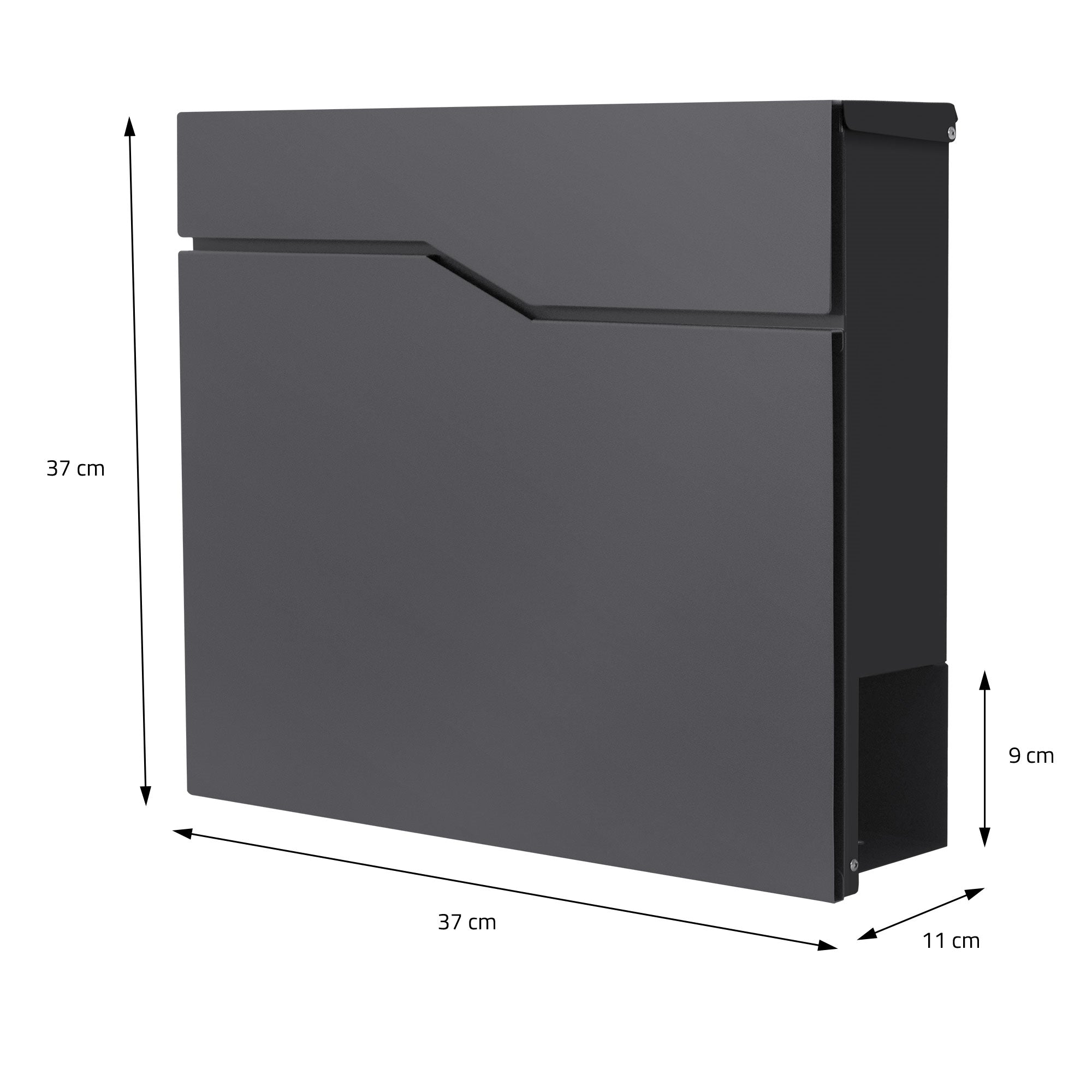 Buzón negro con medidas, forma rectangular.