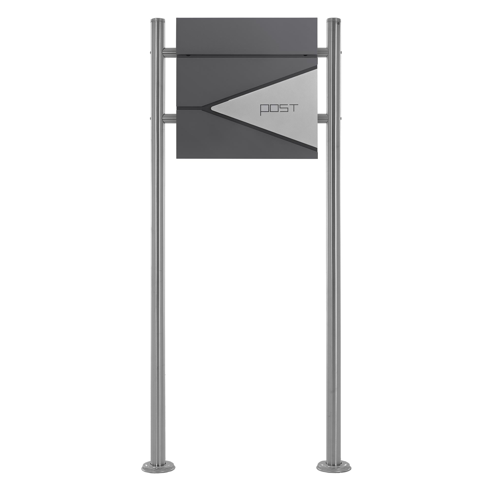 Brievenbus in antraciet op een metalen frame.