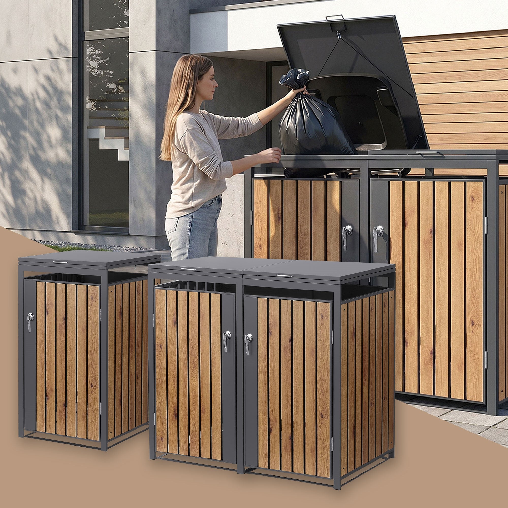 Vrouw gooit een vuilniszak in een afvalcontainerbox met houten bekleding.