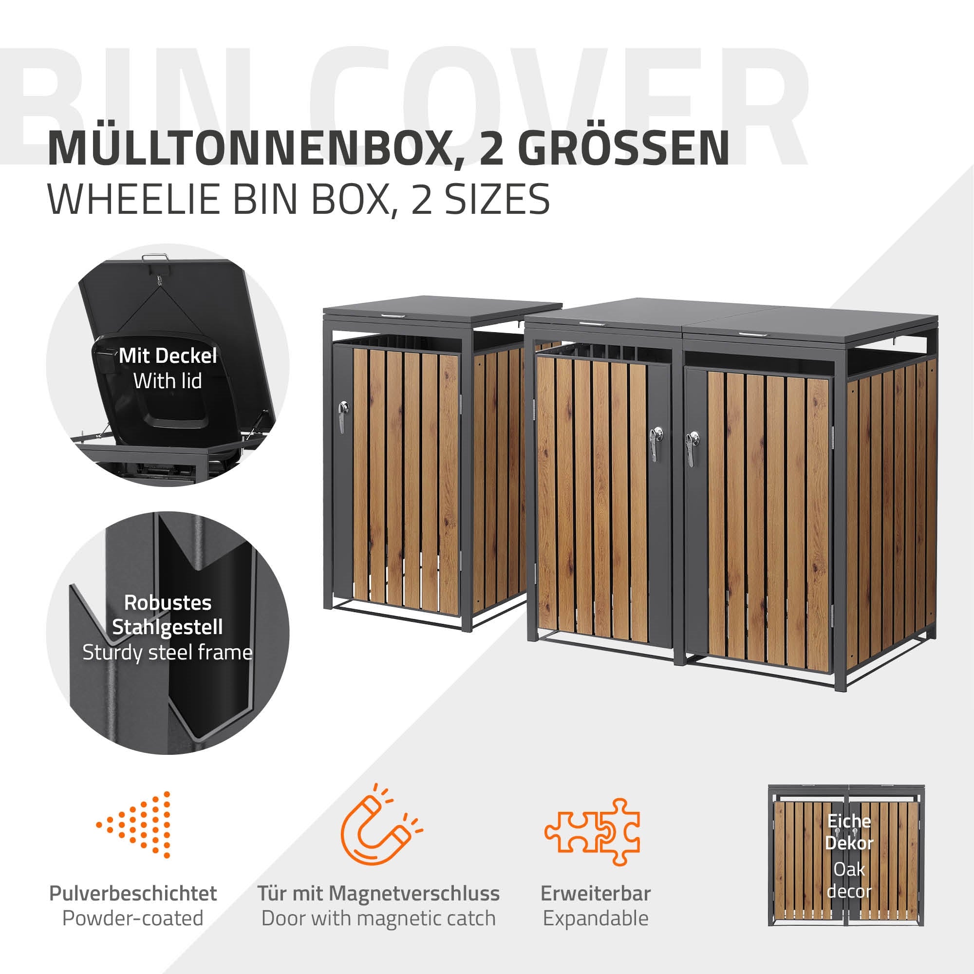 Afvalcontainerboxen in twee maten, met deksel en houten bekleding.