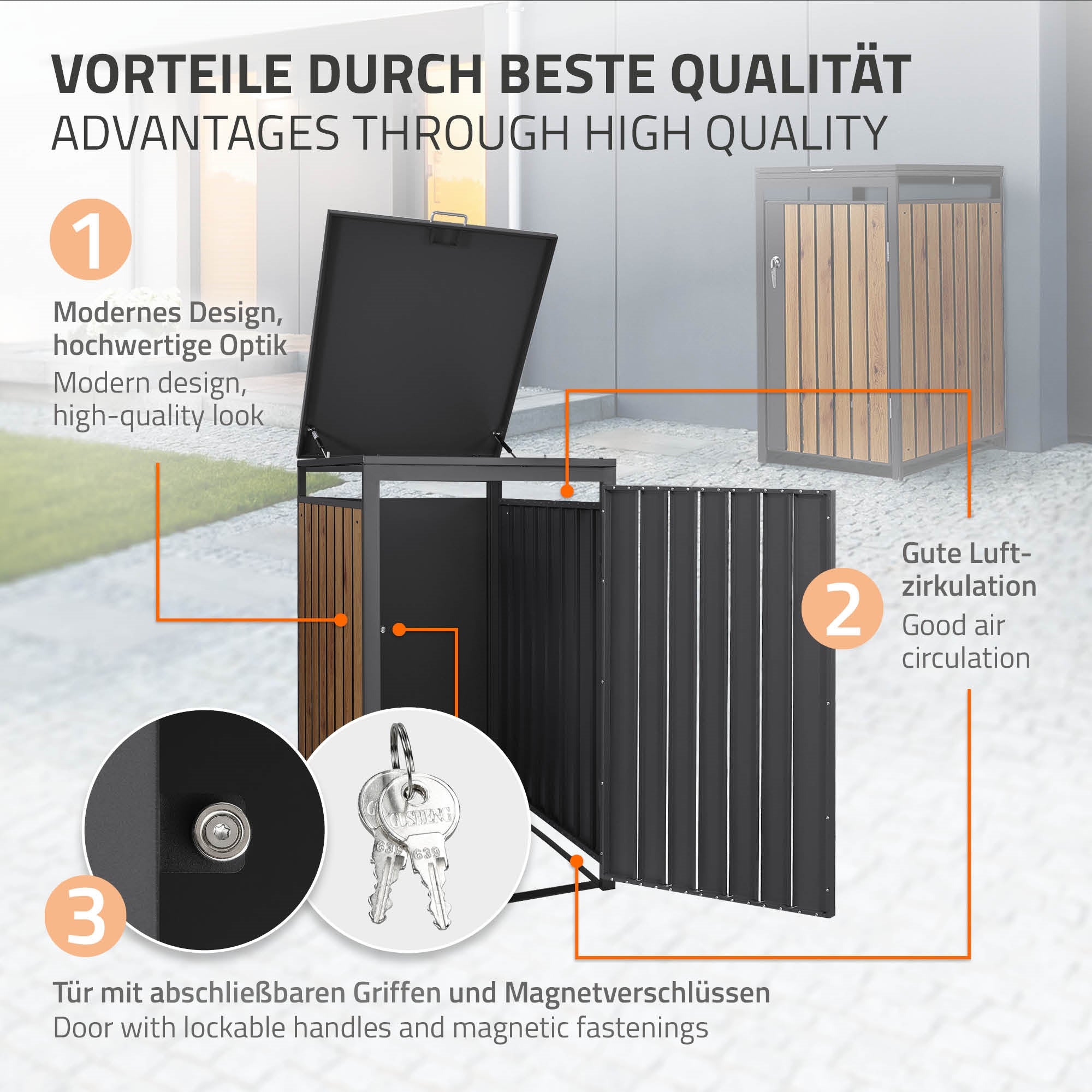 Graphique avec les avantages d'un produit, y compris un design moderne et une bonne circulation de l'air.
