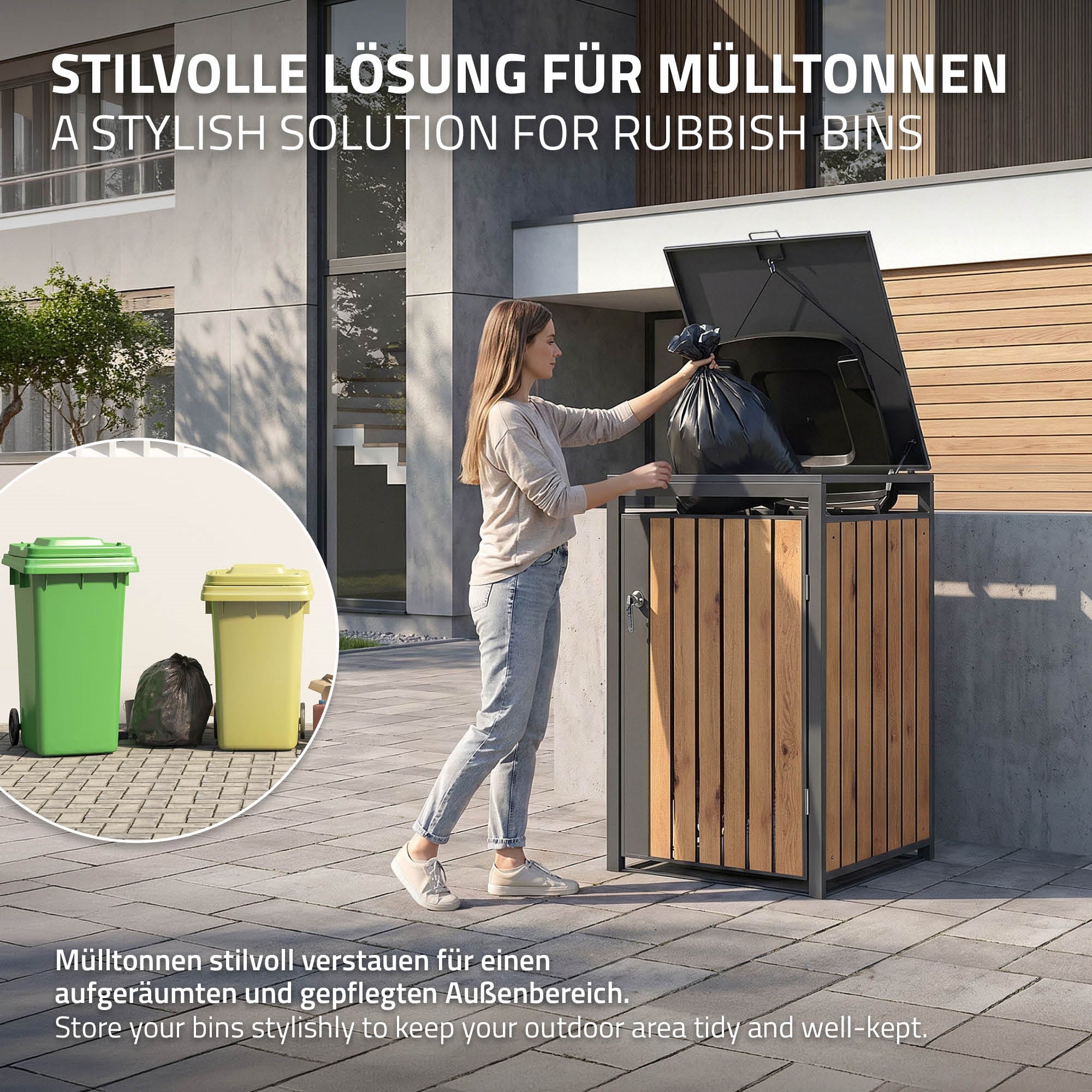 Une solution de poubelle élégante avec deux poubelles dans un espace extérieur soigné.