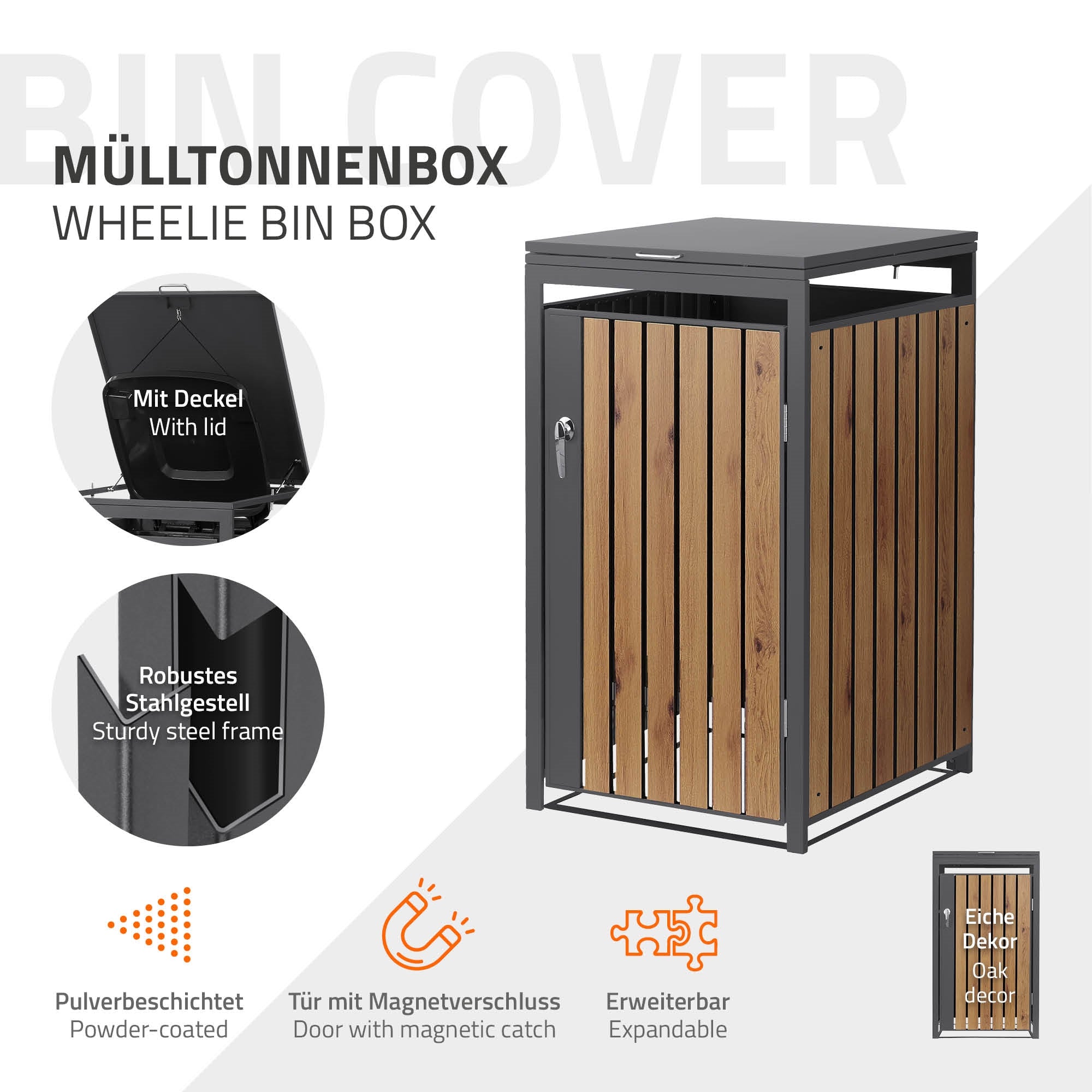 Box per bidoni della spazzatura con coperchio e robusta struttura in acciaio.