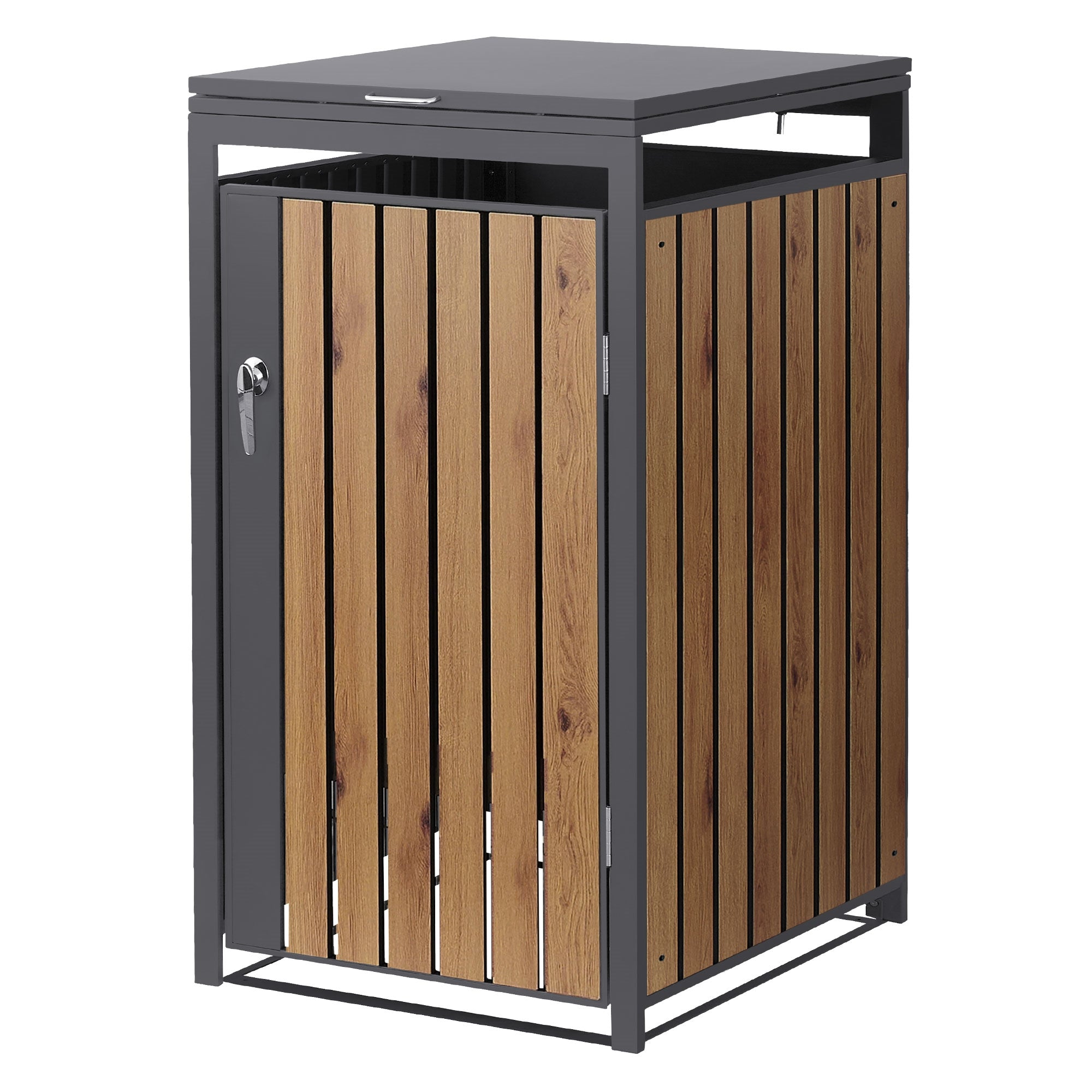 Box per bidoni della spazzatura con effetto legno e lucchetto.