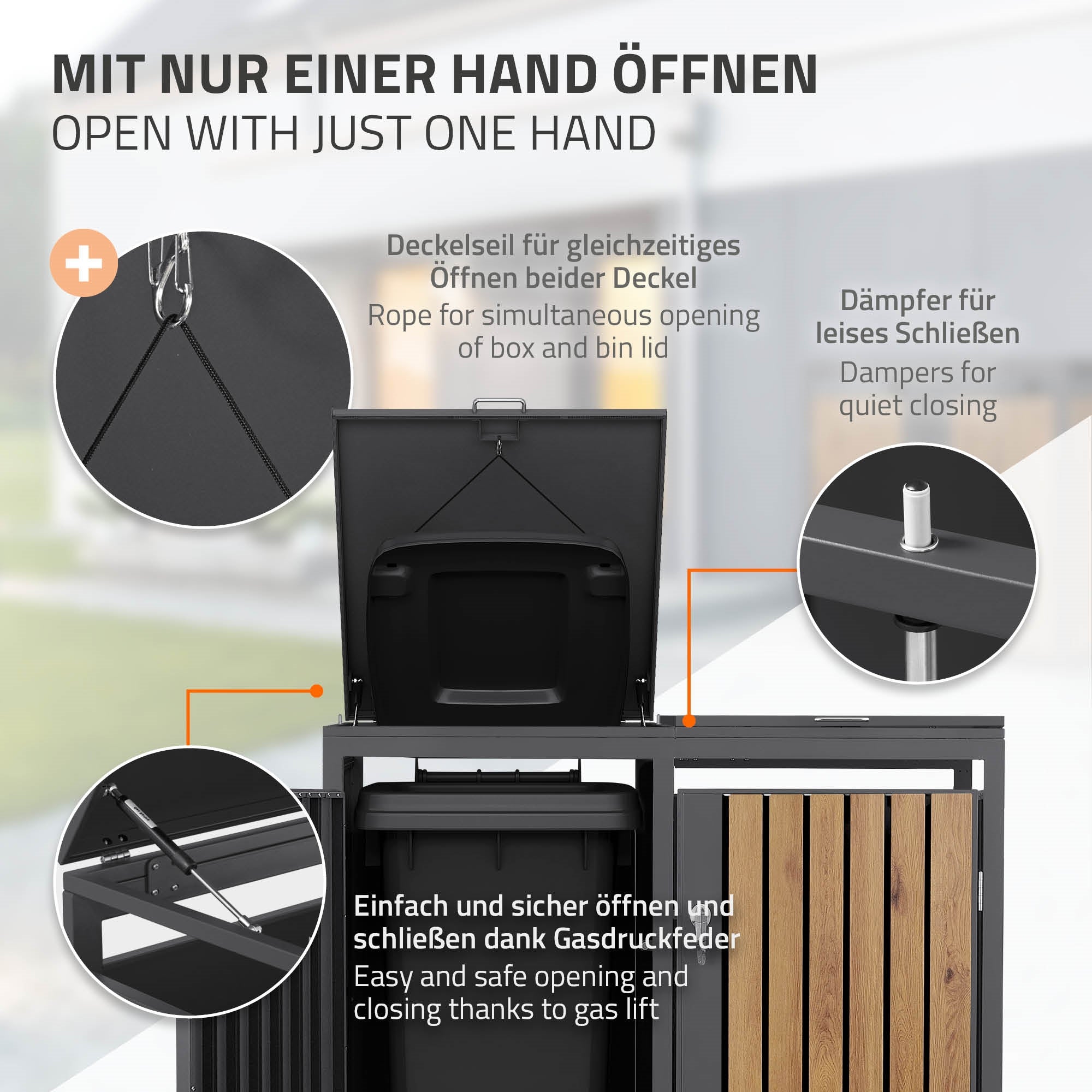 Deksel van een afvalcontainer, die met één hand wordt geopend, met demper voor stille sluiting.