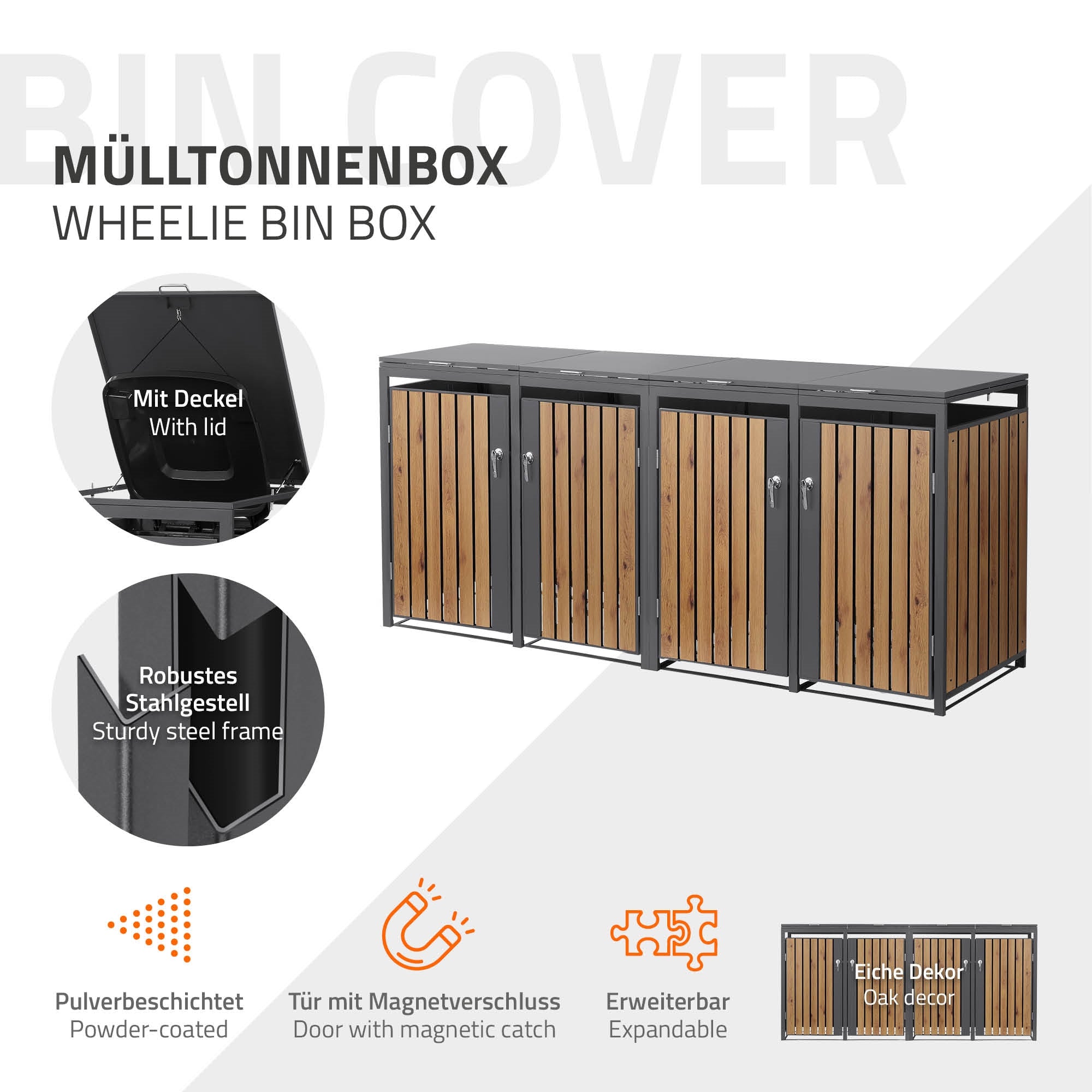 Box per bidoni della spazzatura con coperchio e rivestimento in legno, telaio in acciaio stabile.