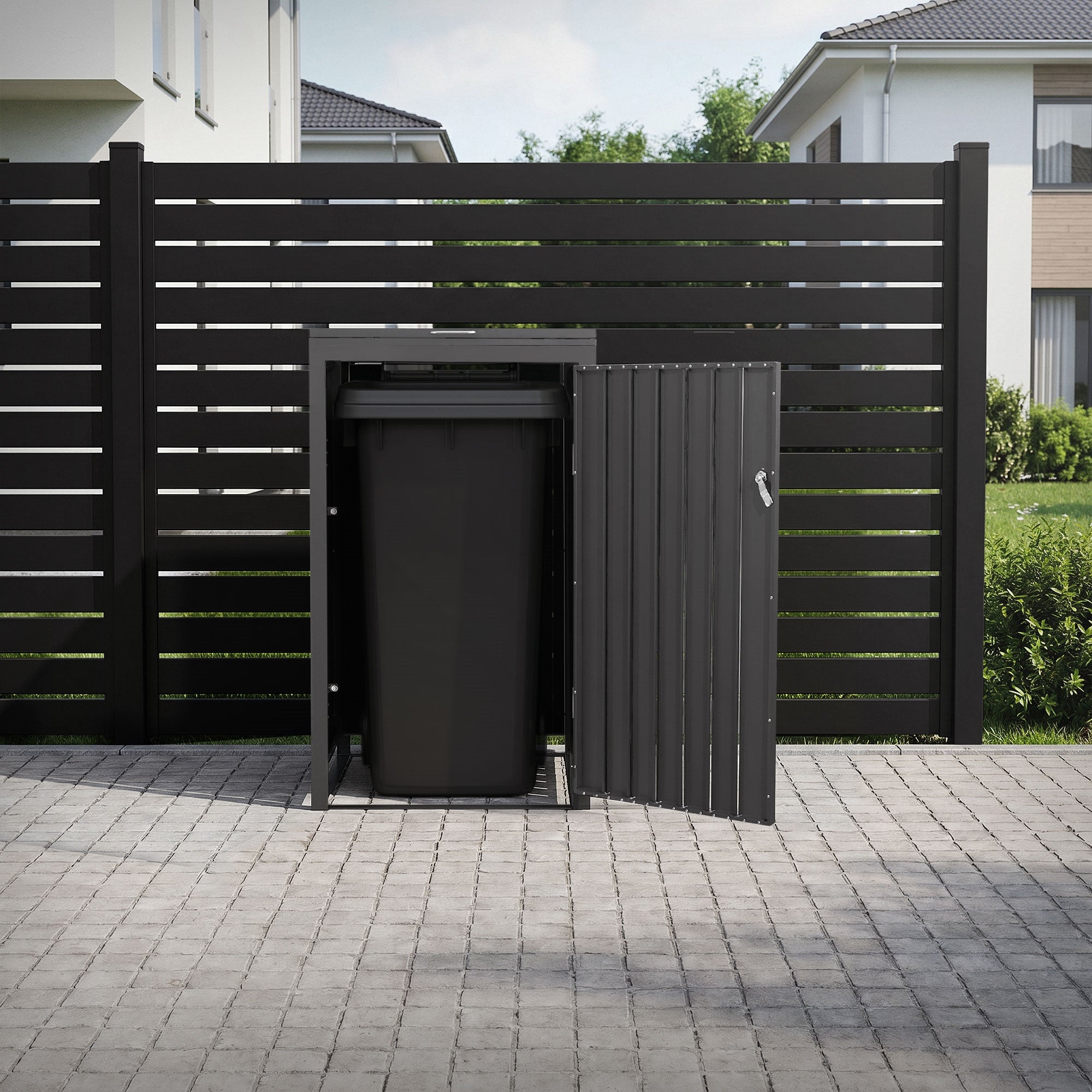 Black trash bin box with open lid in front of a fence and lawn.