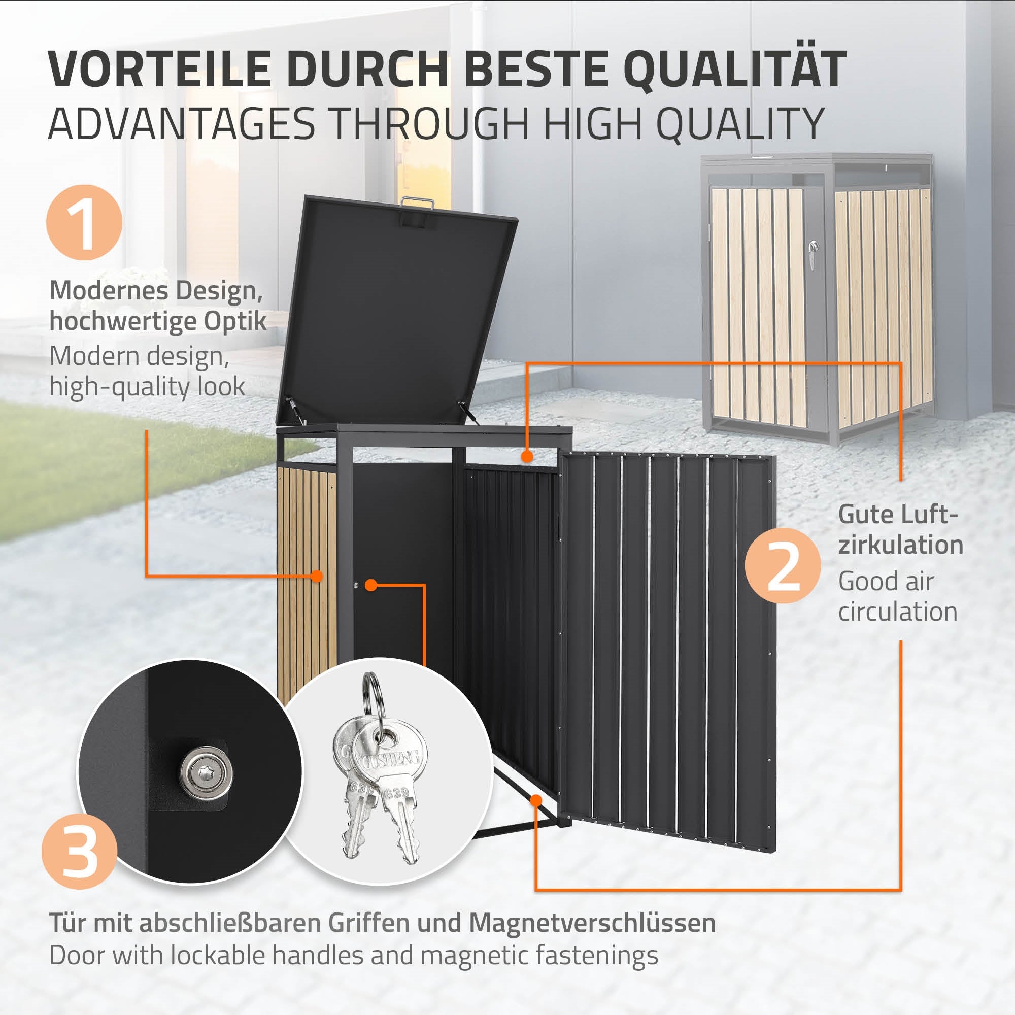 Trash container with information on design, air circulation, and visibility.