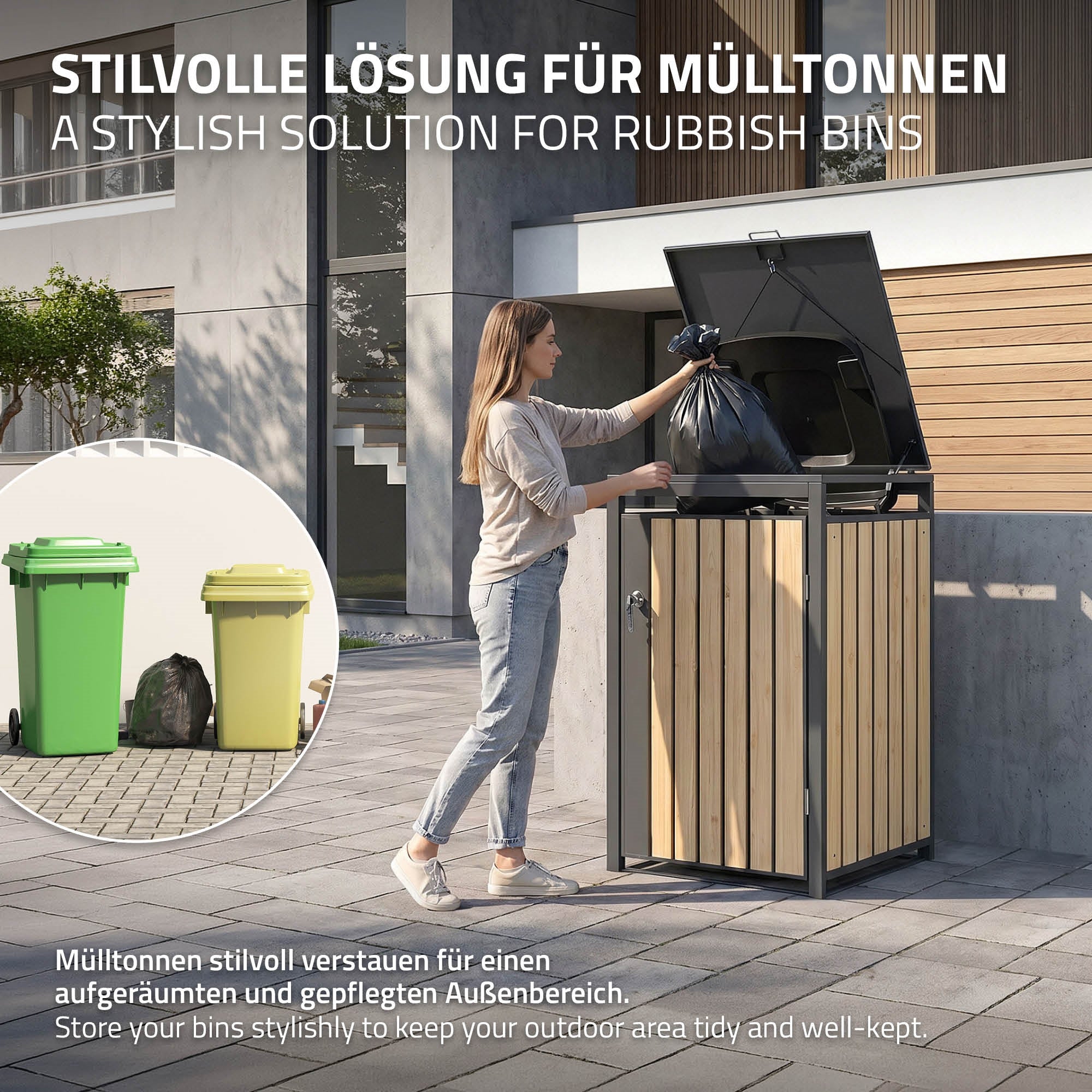 Woman disposes of trash in a trash bin box with two visible trash bins.