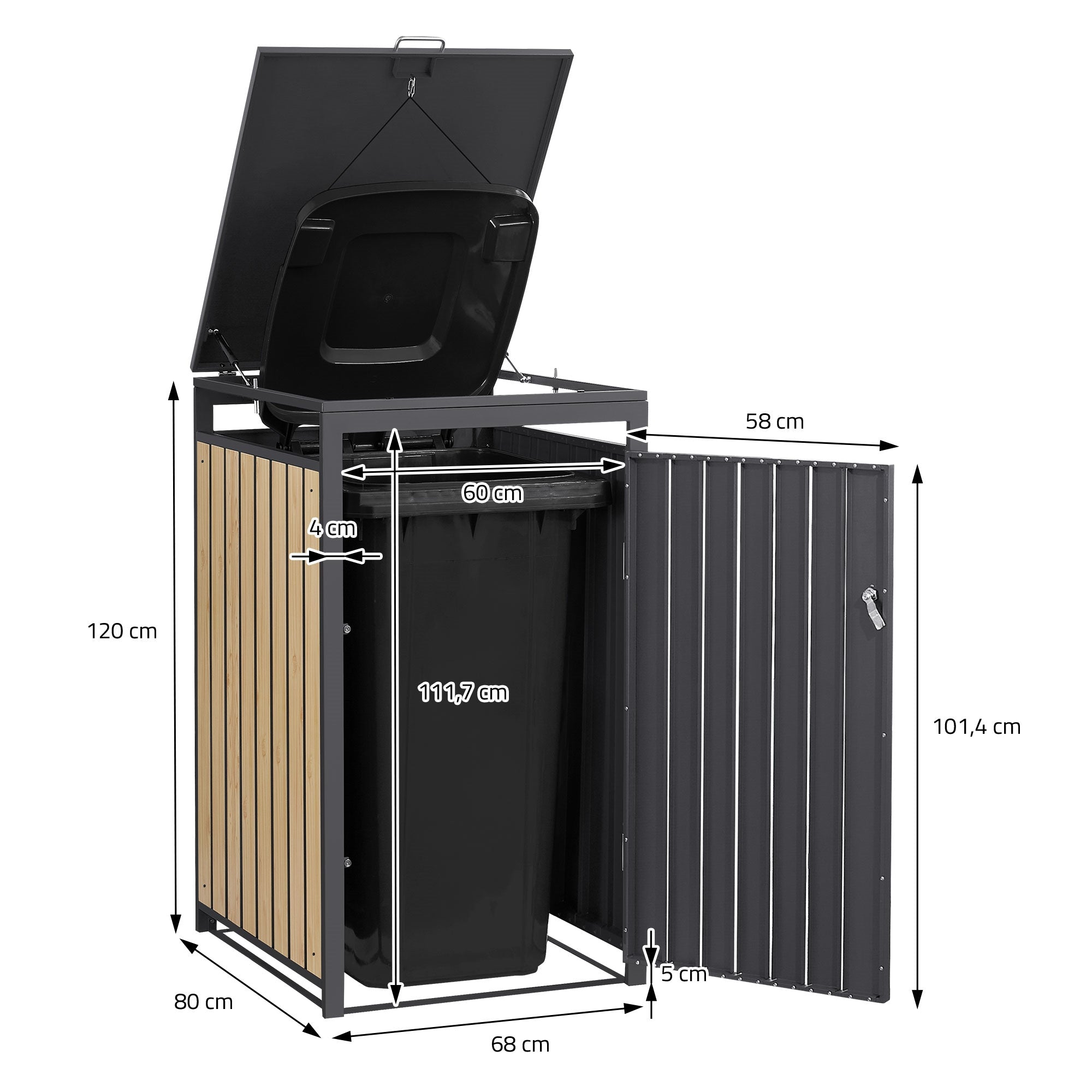 Trash bin box with open lid and measurement details.