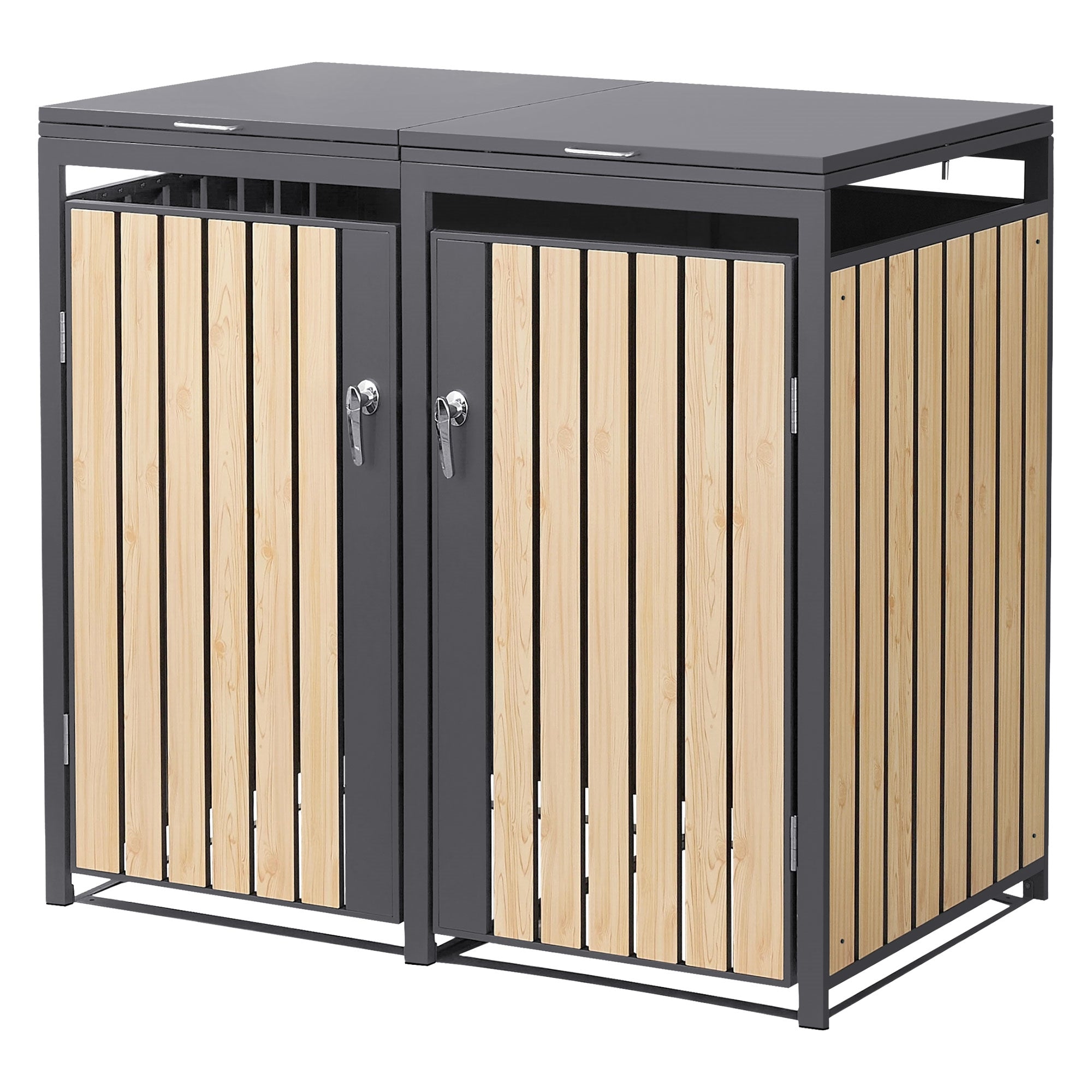 Due armadi con listelli di legno e porte grigie.
