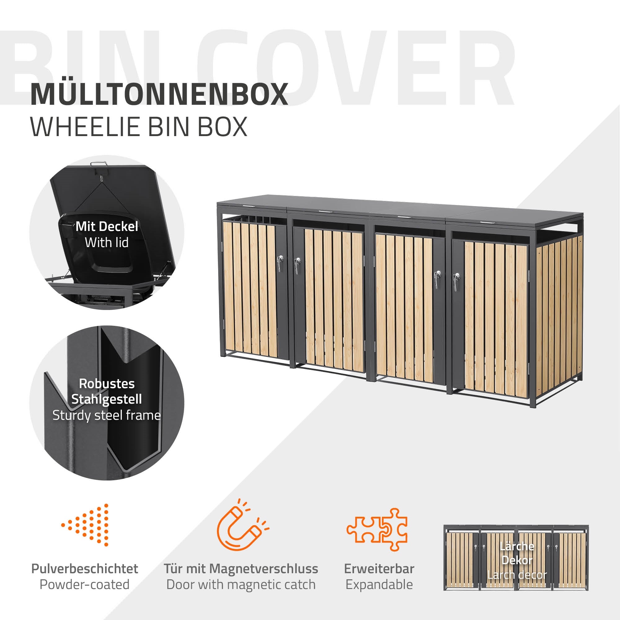 Boîte à poubelles avec couvercle et cadre en acier robuste.