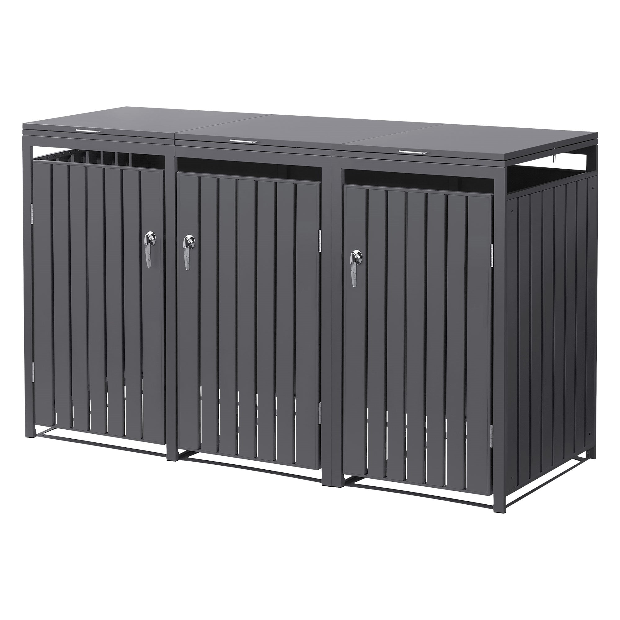 Mülltonnenbox mit drei Türen und ohne Deckel.