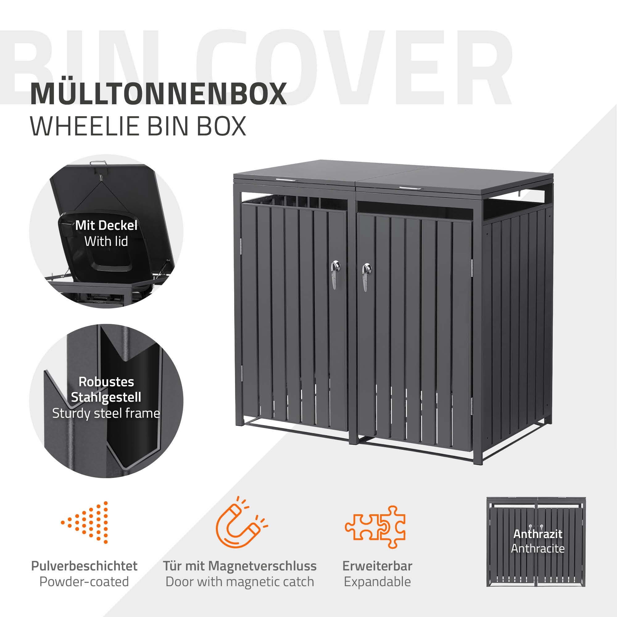 Box per bidoni della spazzatura con due scomparti, coperchio e serrature, verniciato a polvere, antracite.