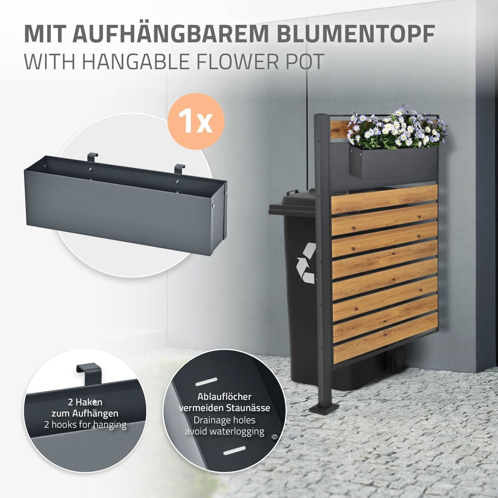 Blumentopf mit zwei Haken zum Aufhängen an der Mülltonnenverkleidung.