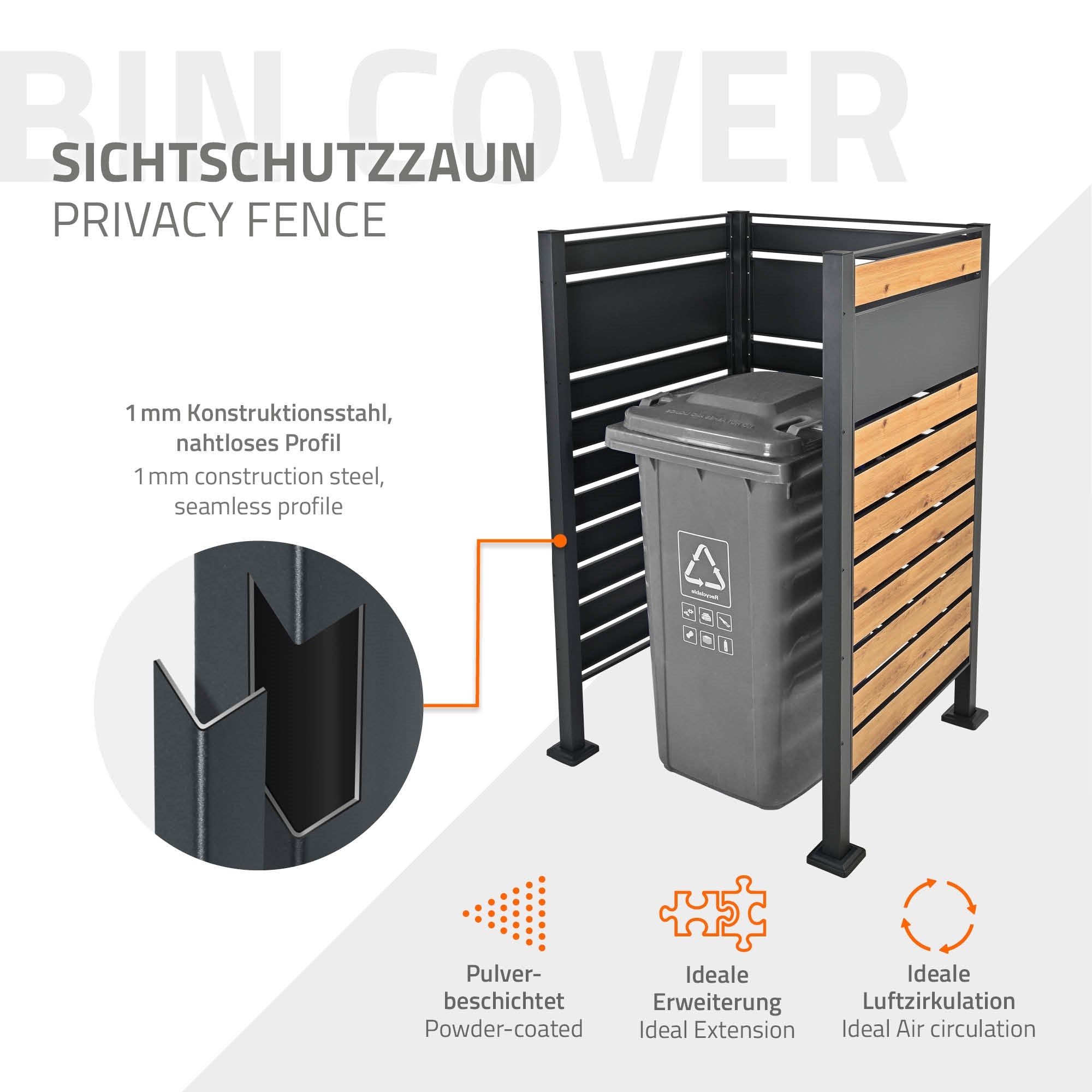 Recinzione per privacy in acciaio e legno con contenitore per rifiuti.