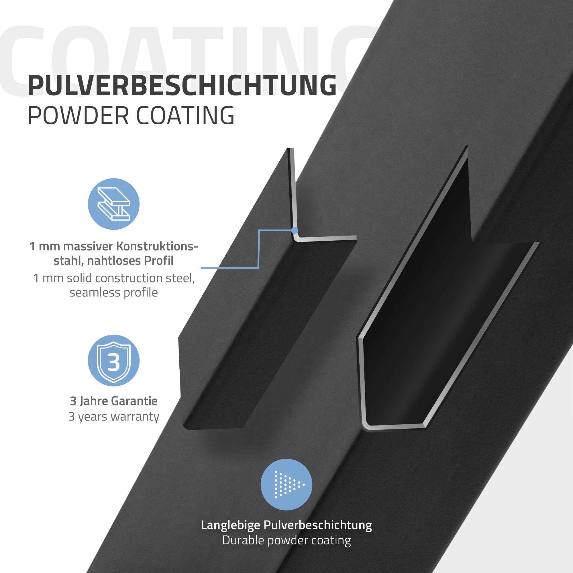 Detailansicht eines schwarzen Metallgestells mit Informationen zur Pulverbeschichtung.