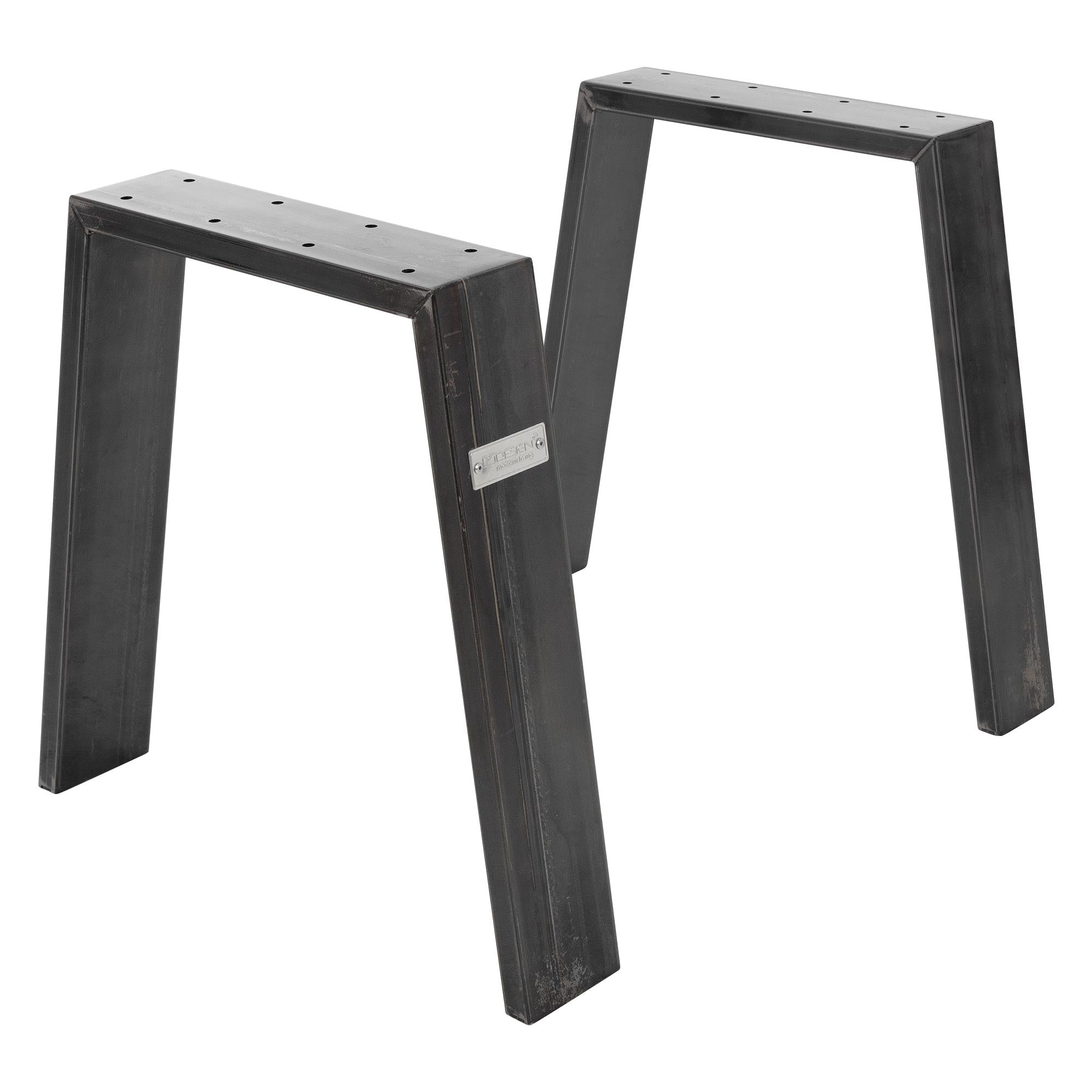 Twee metalen frames in zwarte kleur, die tafelpoten voorstellen.